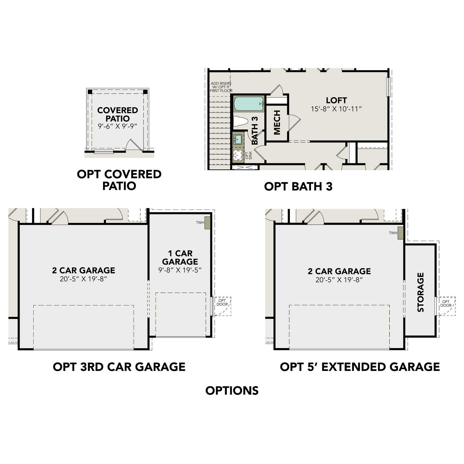The Brazos F 2-story floor plan with optional covered patio, loft, bath 3, and 2-car garage extensions by Davidson Homes