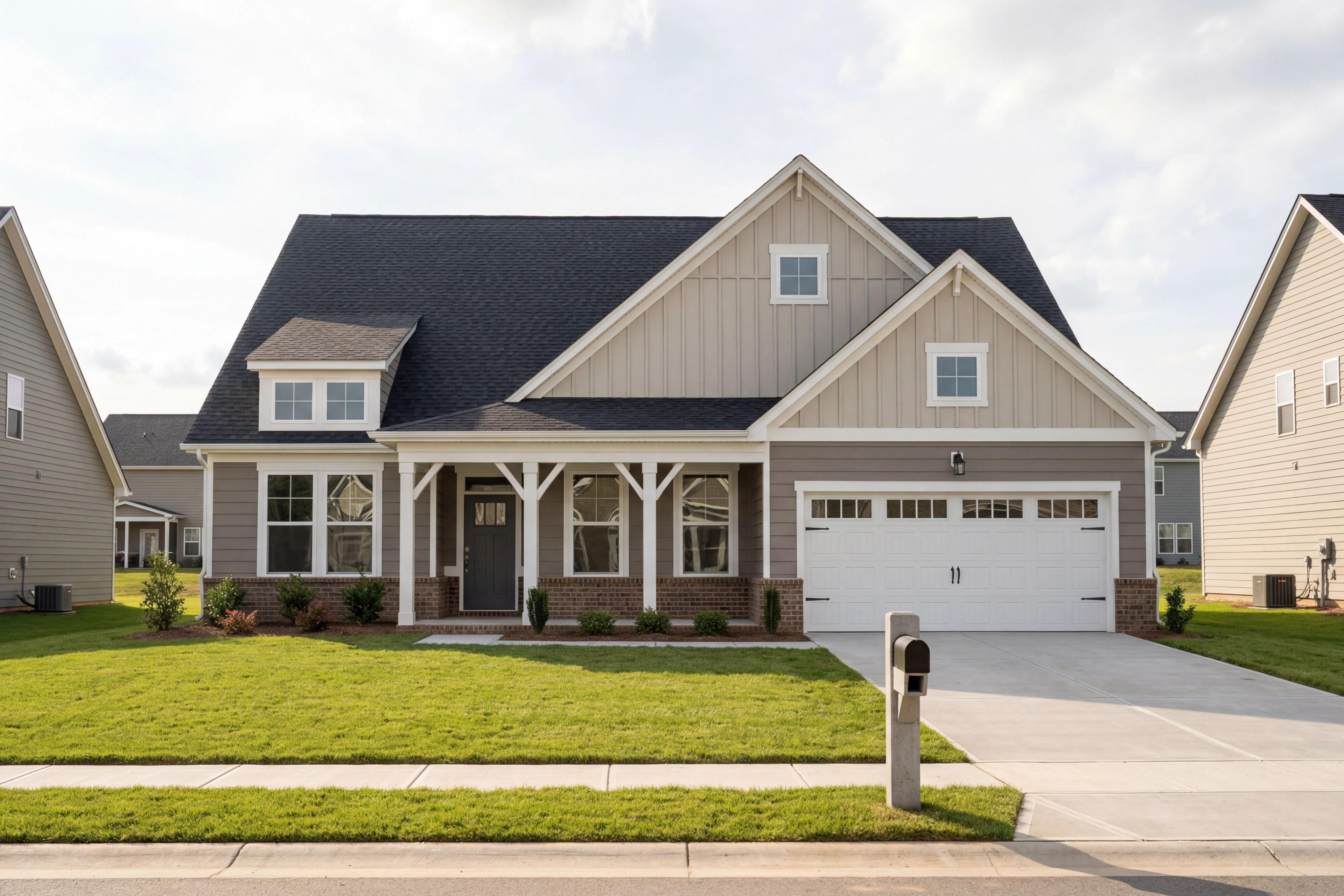Modern The Magnolia A single-story home featuring brick and vinyl exterior, gabled roof, covered porch, and 2-car garage in Holly Springs NC