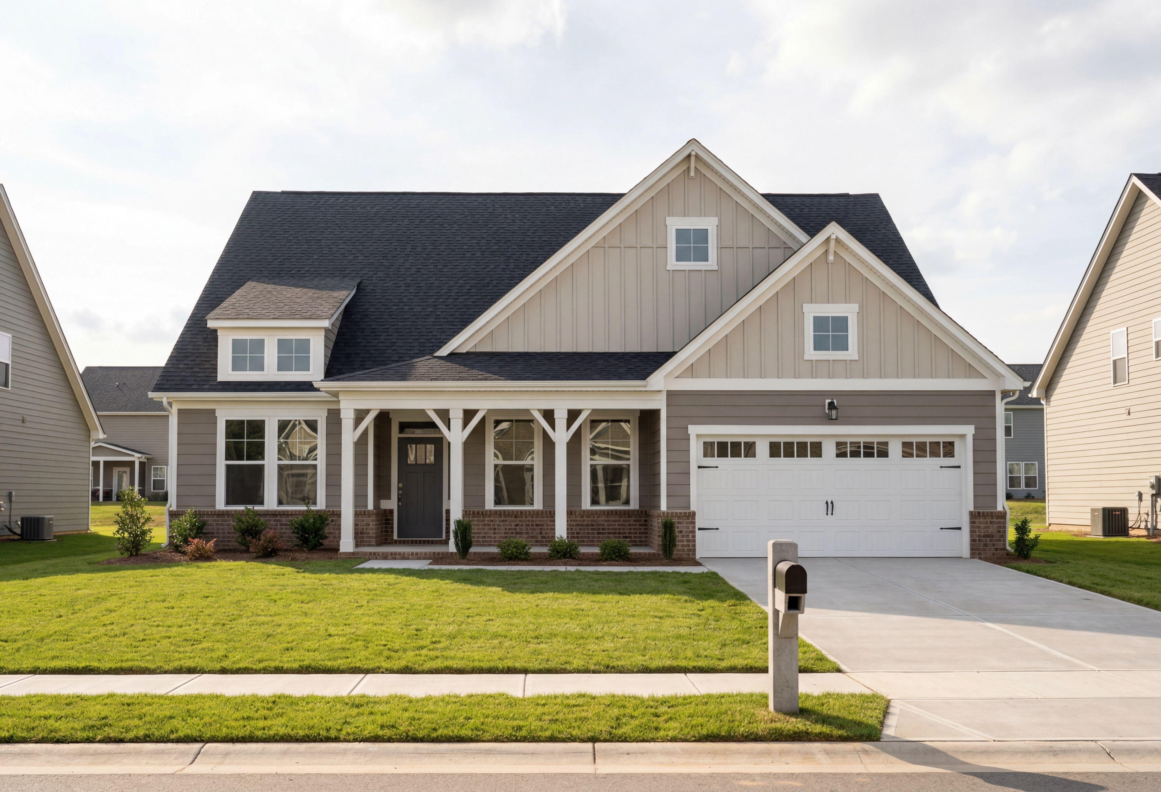 Modern The Magnolia A single-story home featuring brick and vinyl exterior, gabled roof, covered porch, and 2-car garage in Holly Springs NC