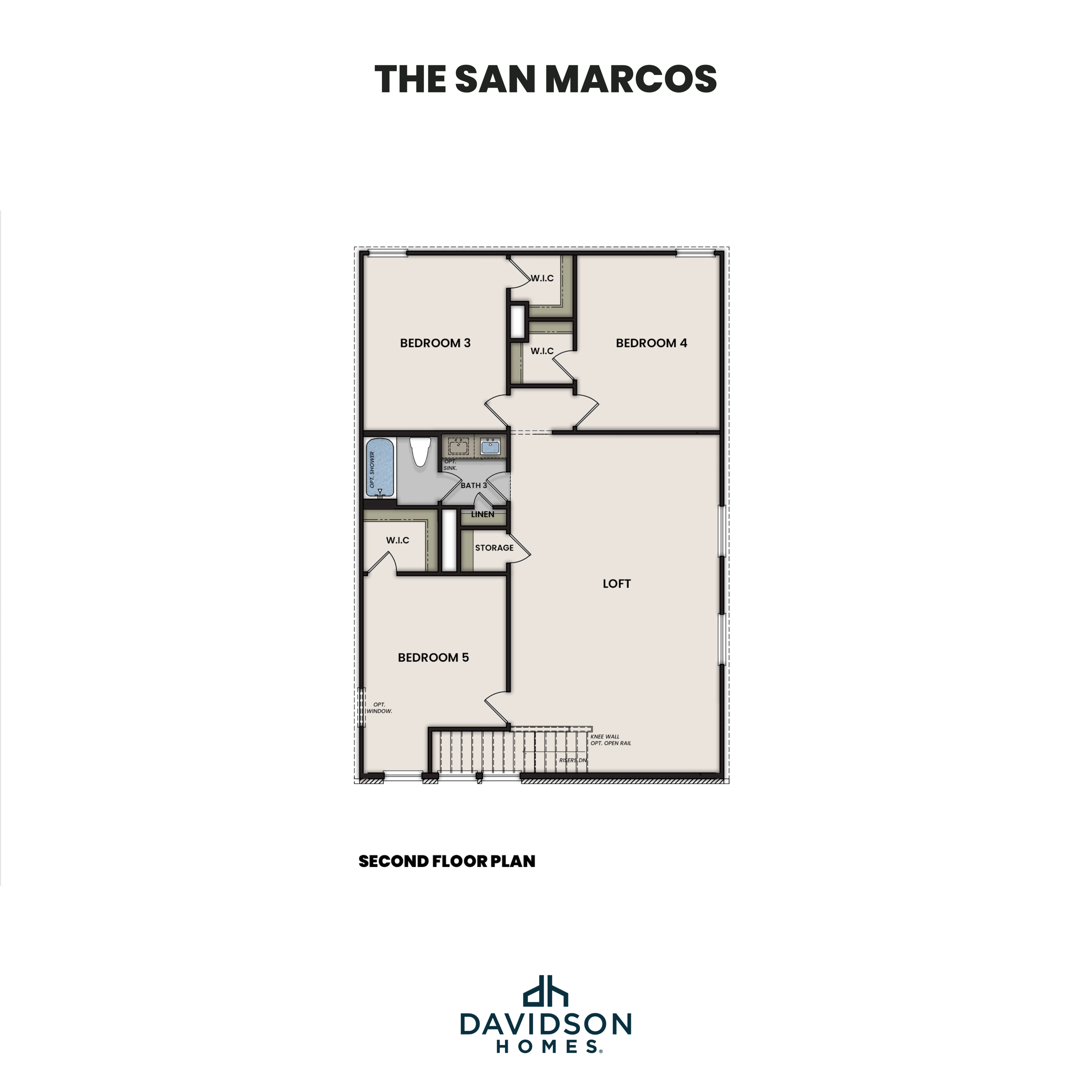 Second floor plan of The San Marcos showcasing four bedrooms, loft, and baths by Davidson Homes