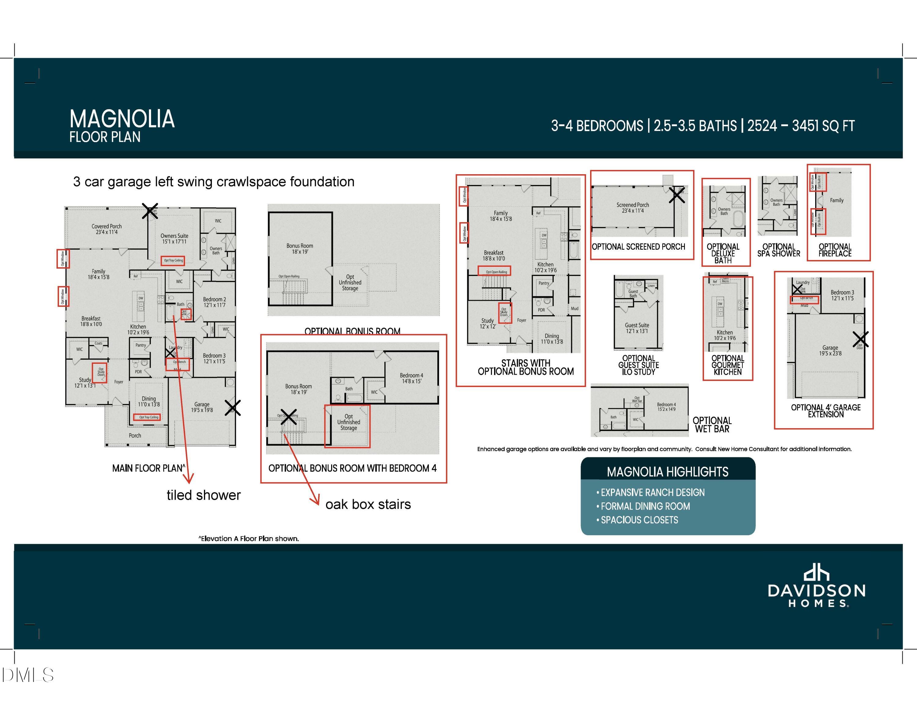 Detailed Magnolia D floor plan with 4 bedrooms, 3.5 baths, 3-car garage, optional screened porch by Davidson Homes in Angier, NC