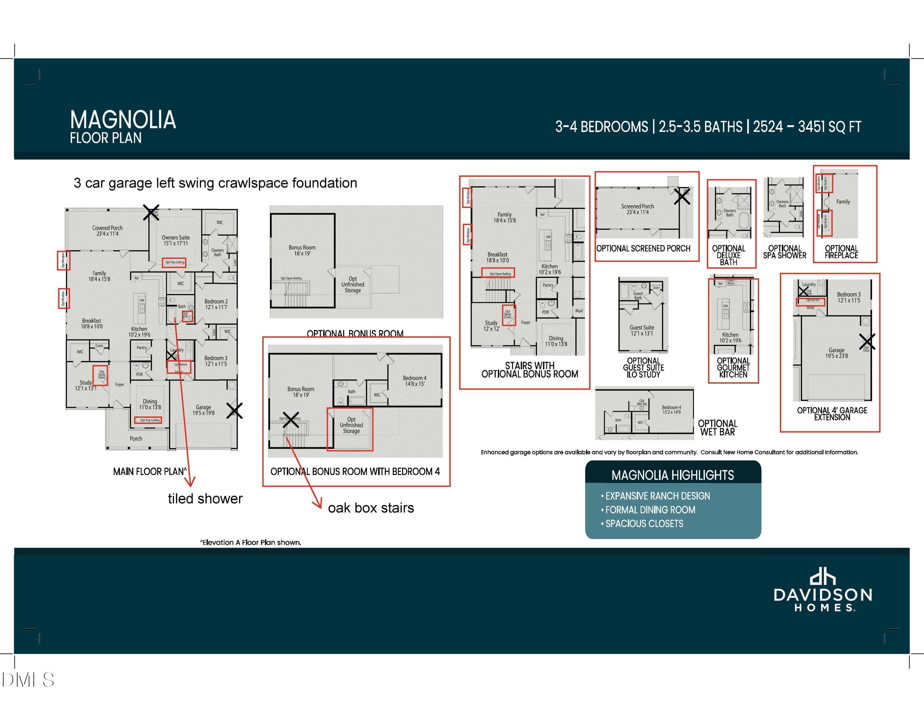 Detailed Magnolia D floor plan with 4 bedrooms, 3.5 baths, 3-car garage, optional screened porch by Davidson Homes in Angier, NC