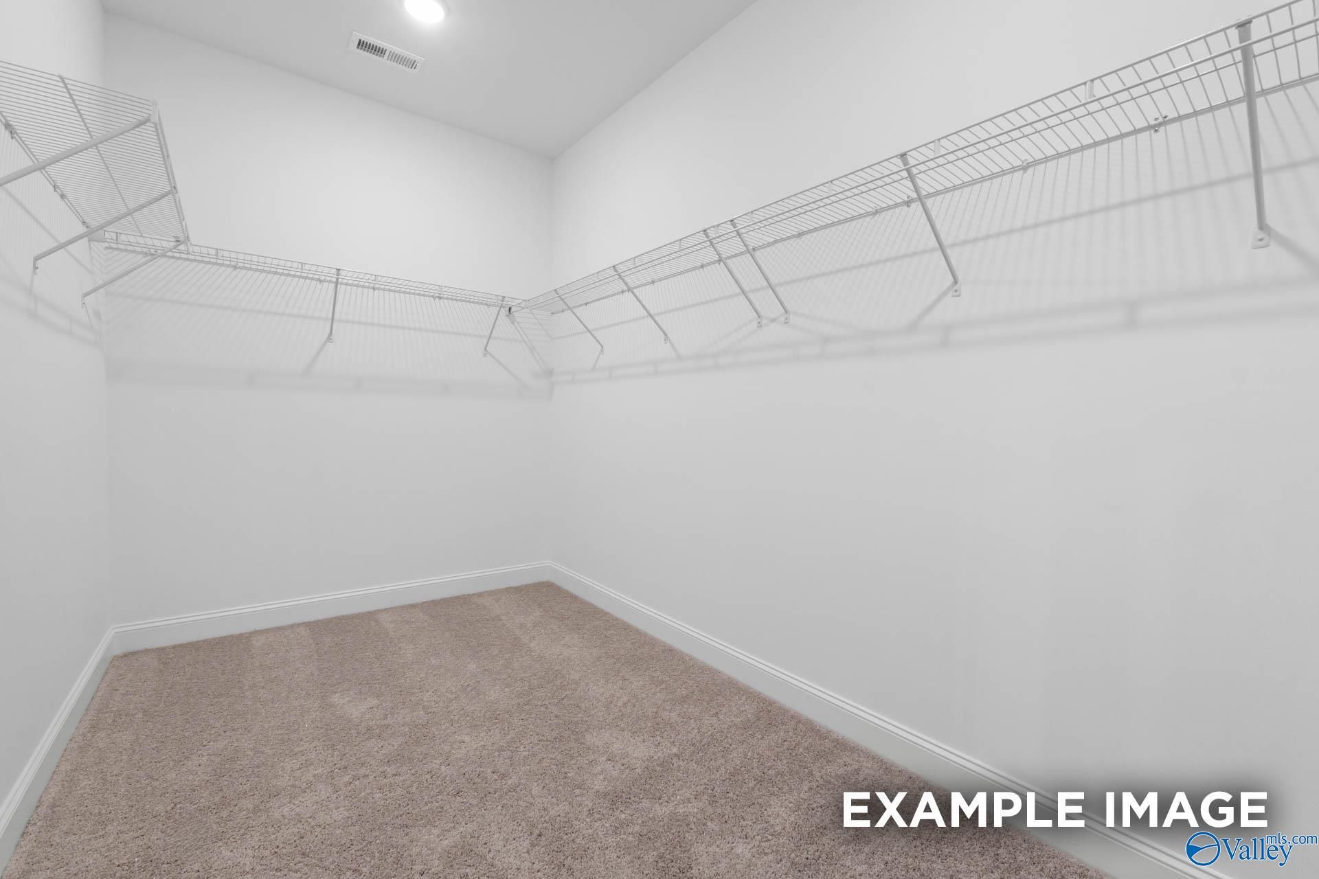 Spacious walk-in closet with wire shelving, beige carpet, and white walls in Davidson Homes The Finleigh, Creekside, Harvest, Alabama
