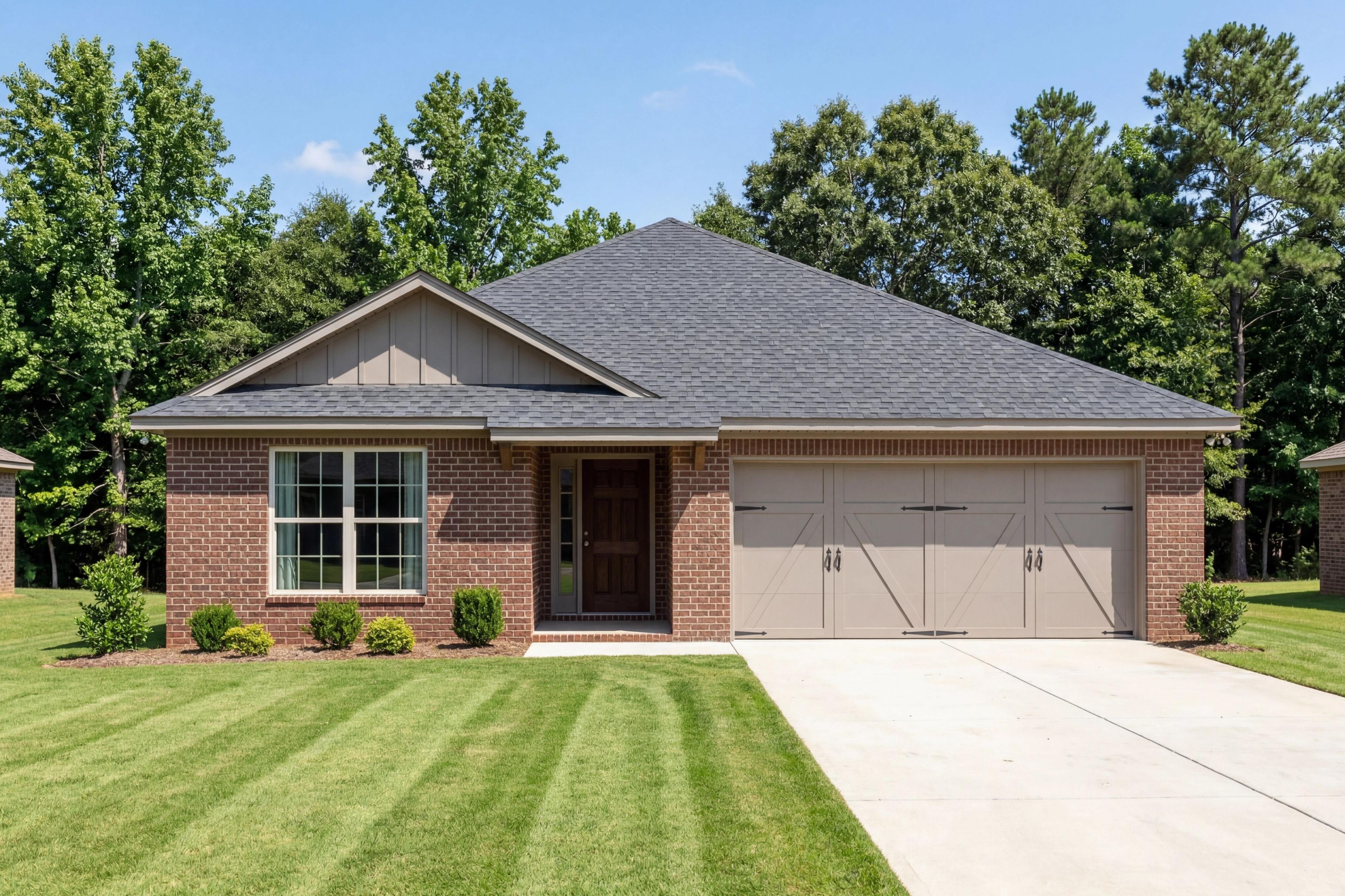 Exterior elevation of The Franklin 1-story single-family home featuring red brick, 2-car garage, and manicured lawn.