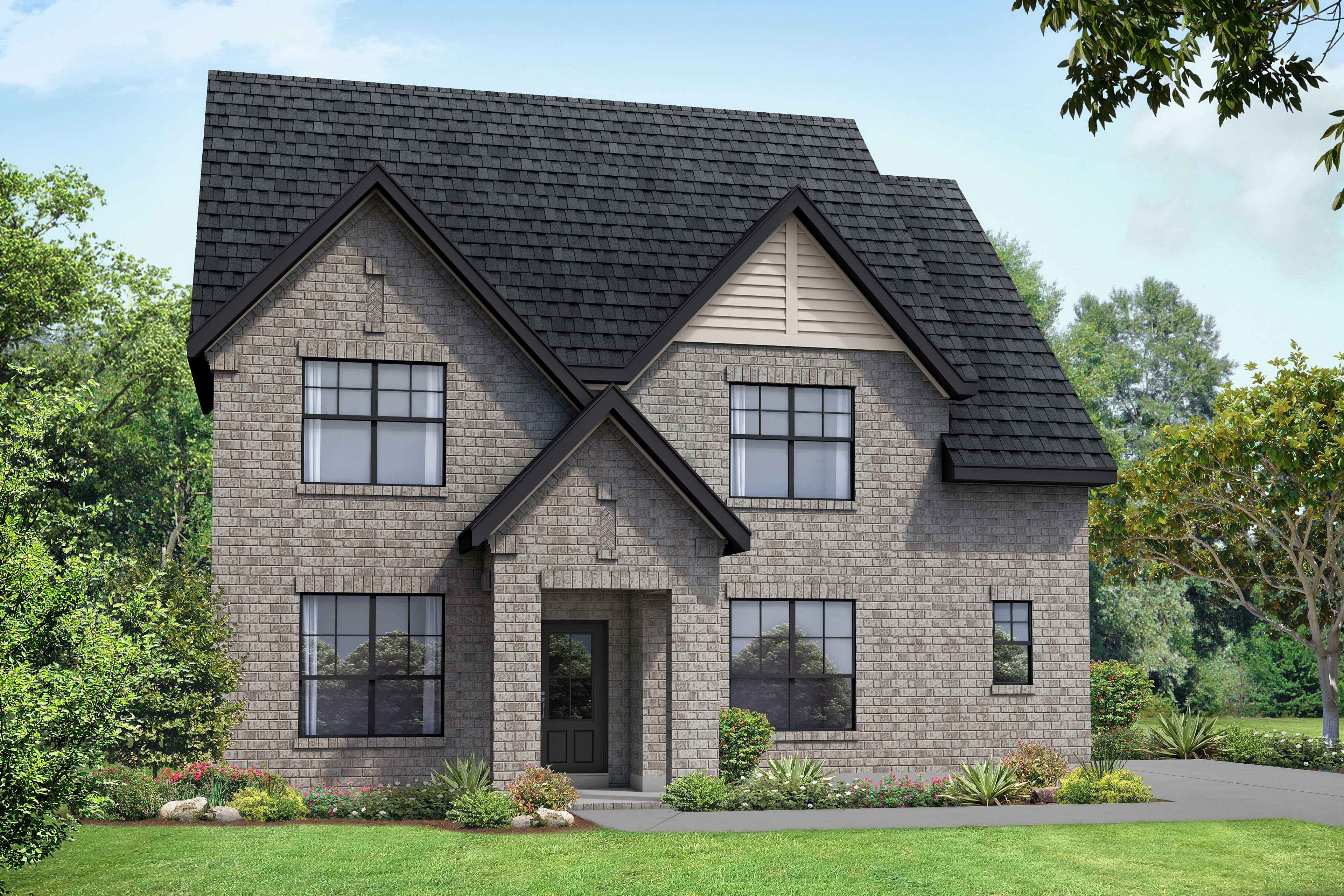Modern two-story Ridgeport E home elevation with brick facade, black gable roof, large windows, and lush landscaped yard in Mt. Juliet