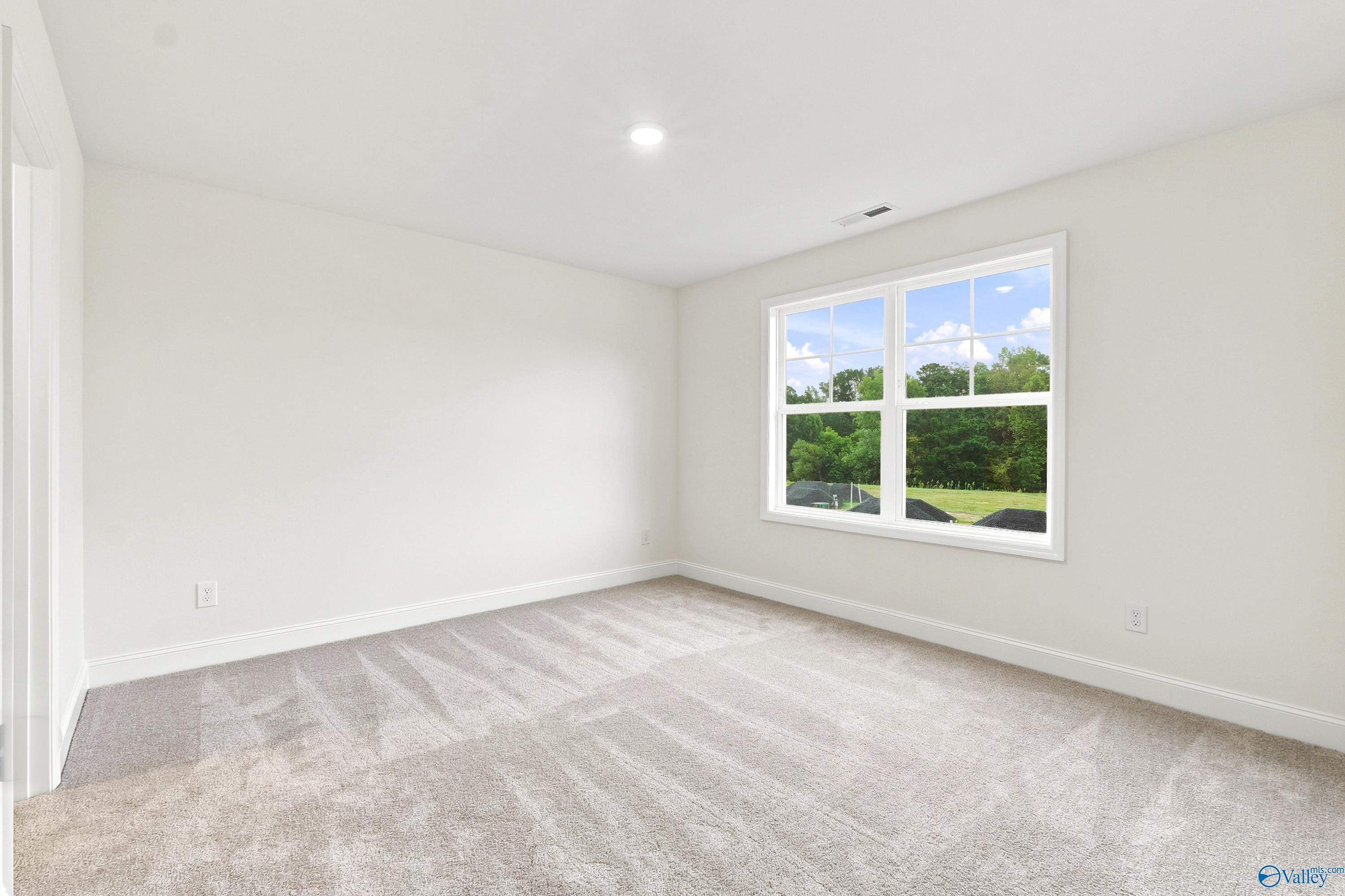Spacious bedroom with plush carpet and large window in The Shelby D floor plan at Noble Ridge, Cullman, Alabama.