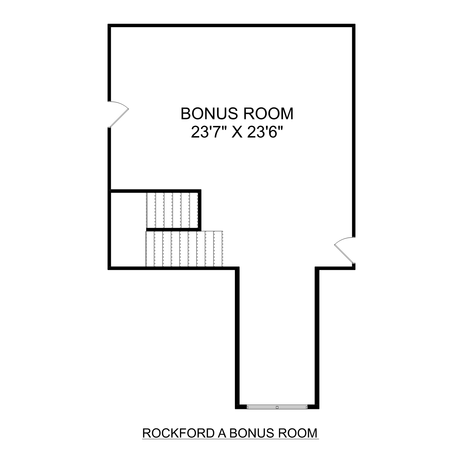 Second floor bonus room layout in The Rockford home design, 23' x 23'6" space with staircase entry