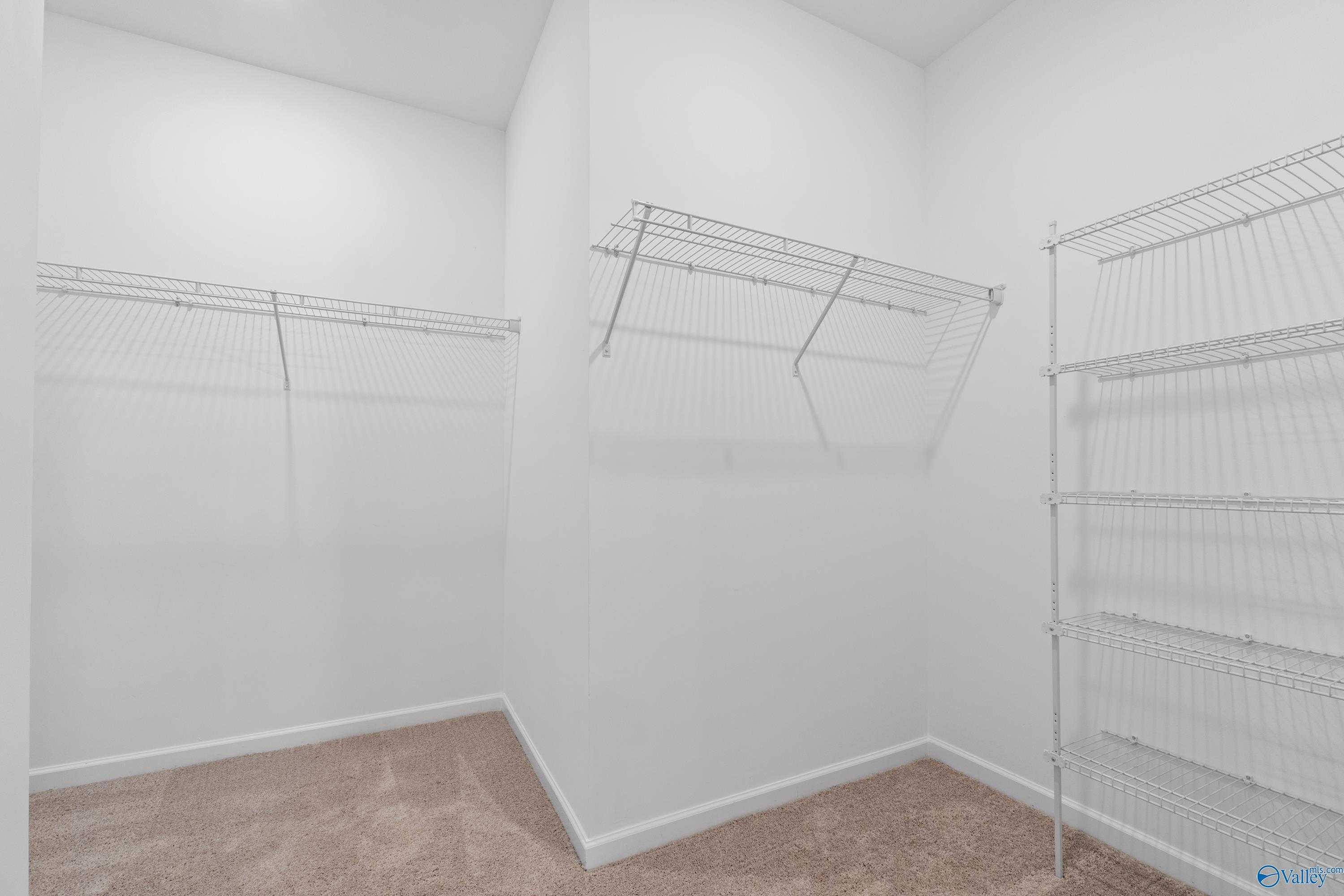 Spacious walk-in closet with wire shelving and hanging rods in The Phoenix master suite by Davidson Homes, Fayetteville, TN