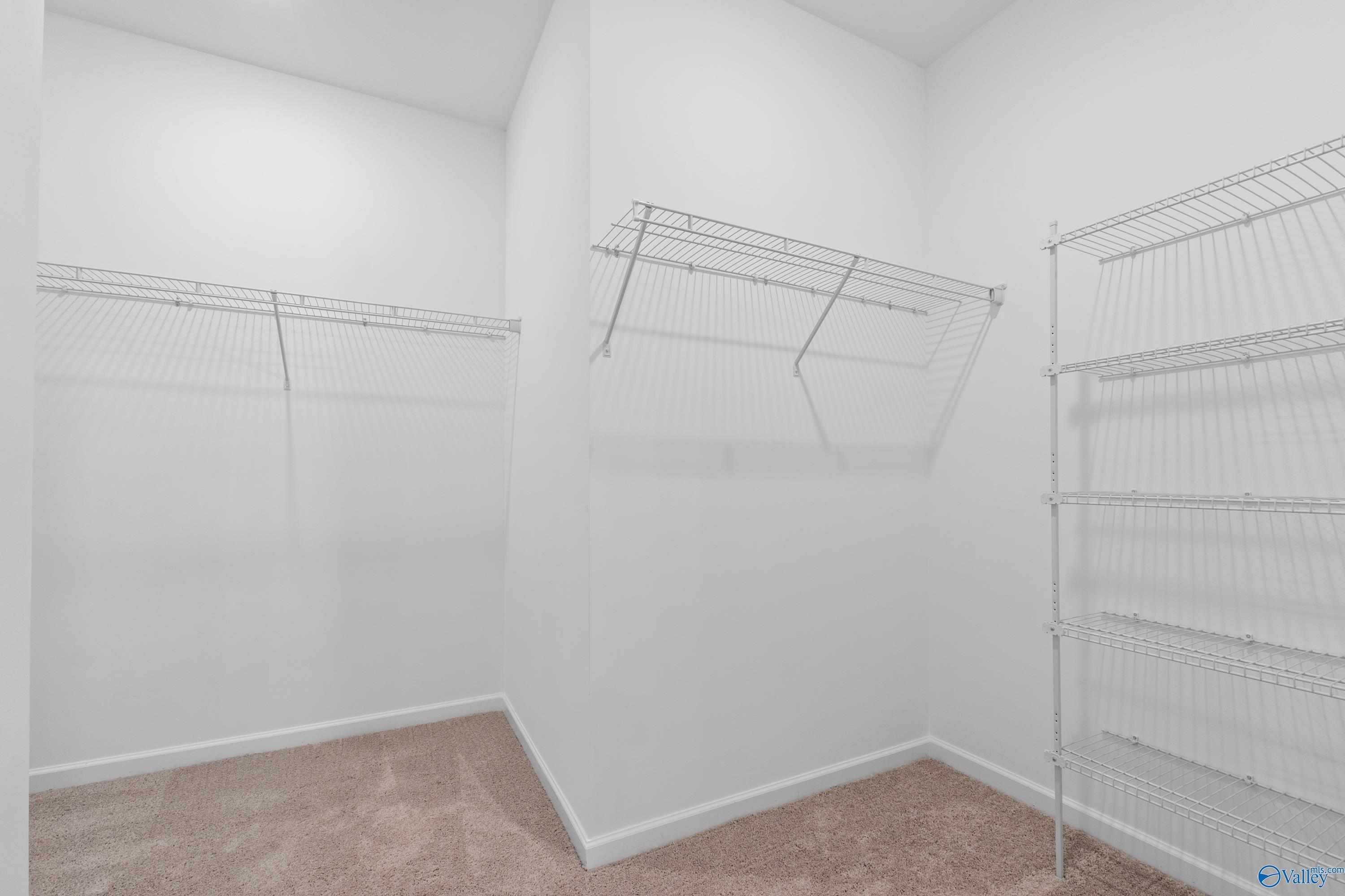 Spacious walk-in closet with wire shelving and hanging rods in Davidson Homes The Phoenix, Fayetteville, Tennessee
