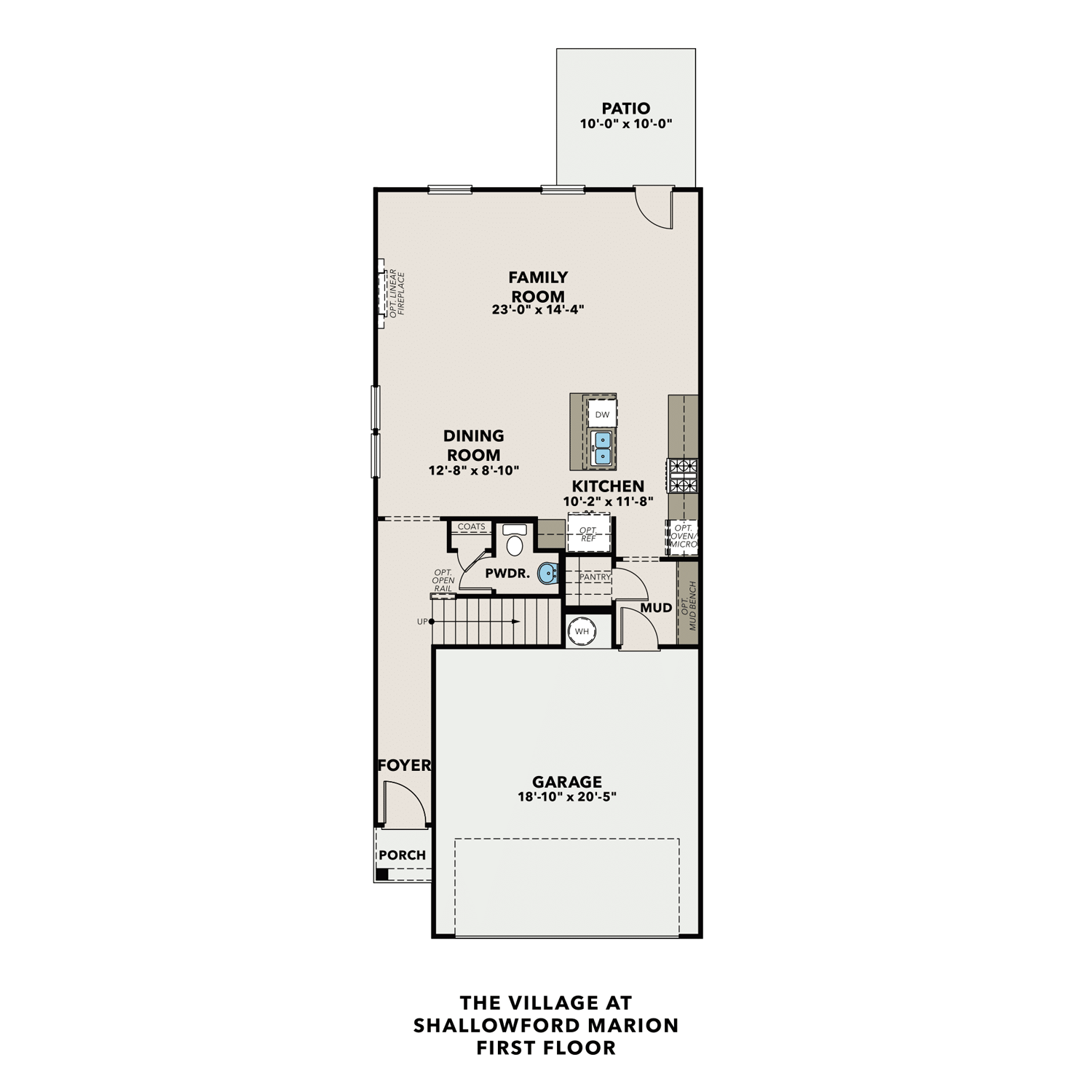 First floor plan of The Marion showcasing open-concept kitchen, family room, dining area, powder room, and 2-car garage