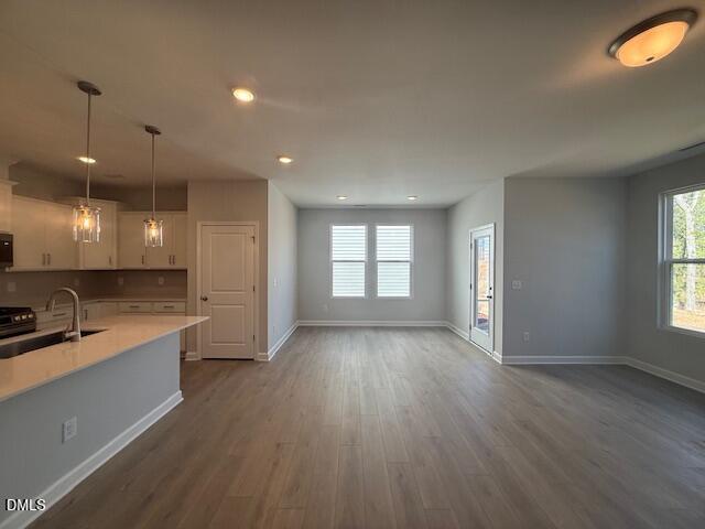 Modern open-concept kitchen-living area with gray island, white cabinets, hardwood floors in The Daphne C, Woodland Crossing, Zebulon NC
