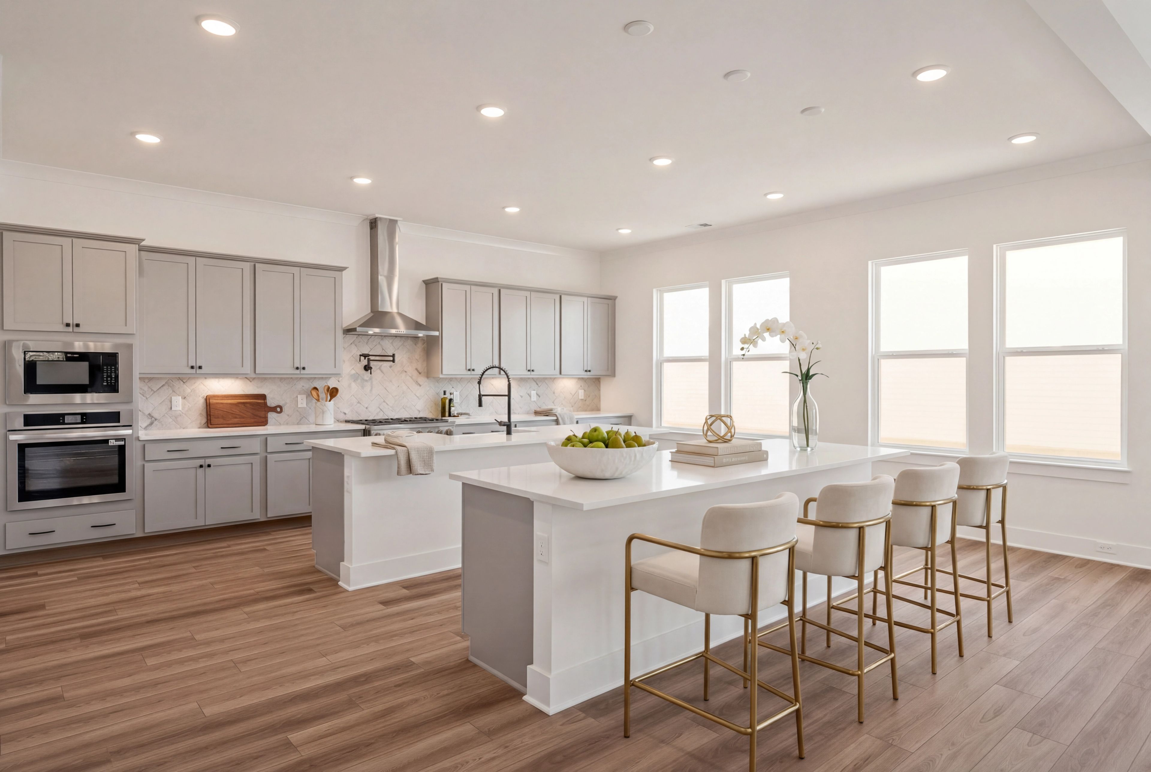 Contemporary kitchen in Shelton Square Murfreesboro TN with gray cabinets, white island, gold bar stools, and hardwood floors