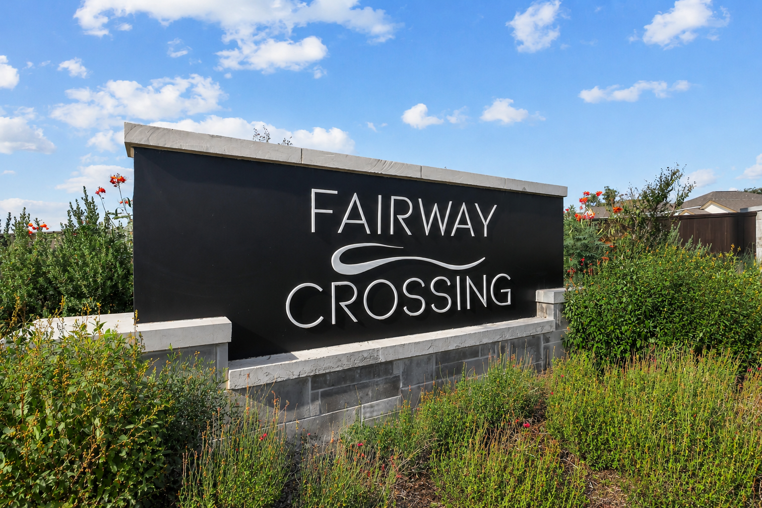 Fairway Crossing community entrance sign in Converse, Texas, featuring modern landscaping and Davidson Homes branding.