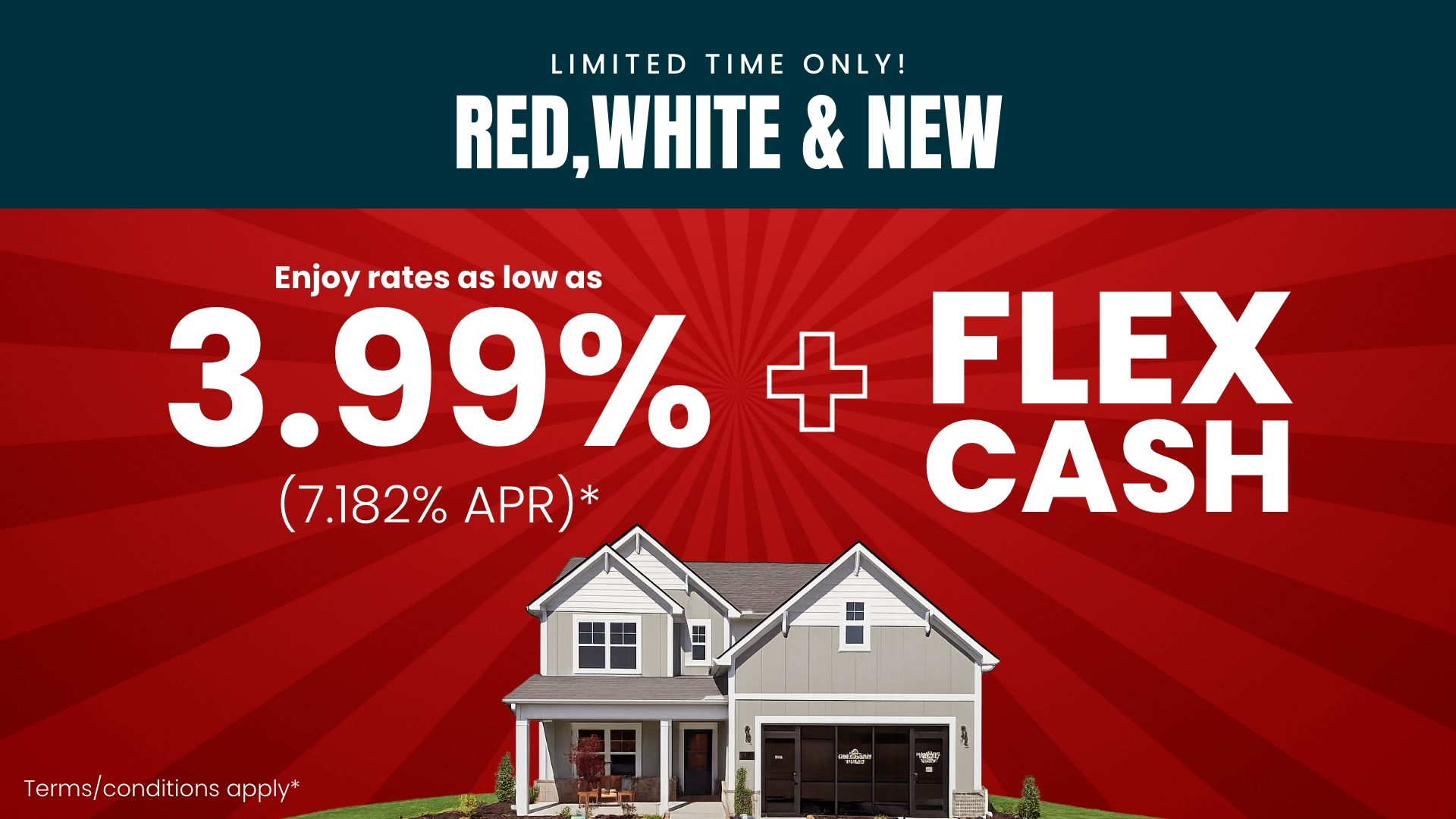 Promotional graphic for Huntsville homebuilder 2-1 interest rate buydown offer with Red, White & New savings event branding.