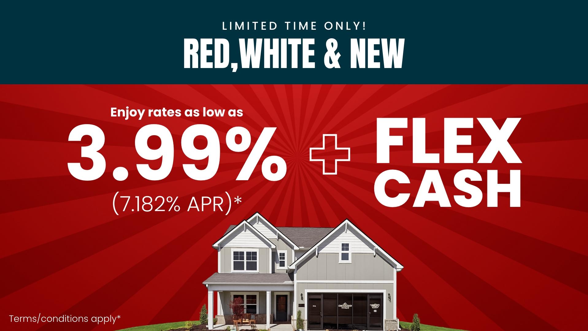 Promotional graphic for Huntsville homebuilder 2-1 interest rate buydown offer with Red, White & New savings event branding.