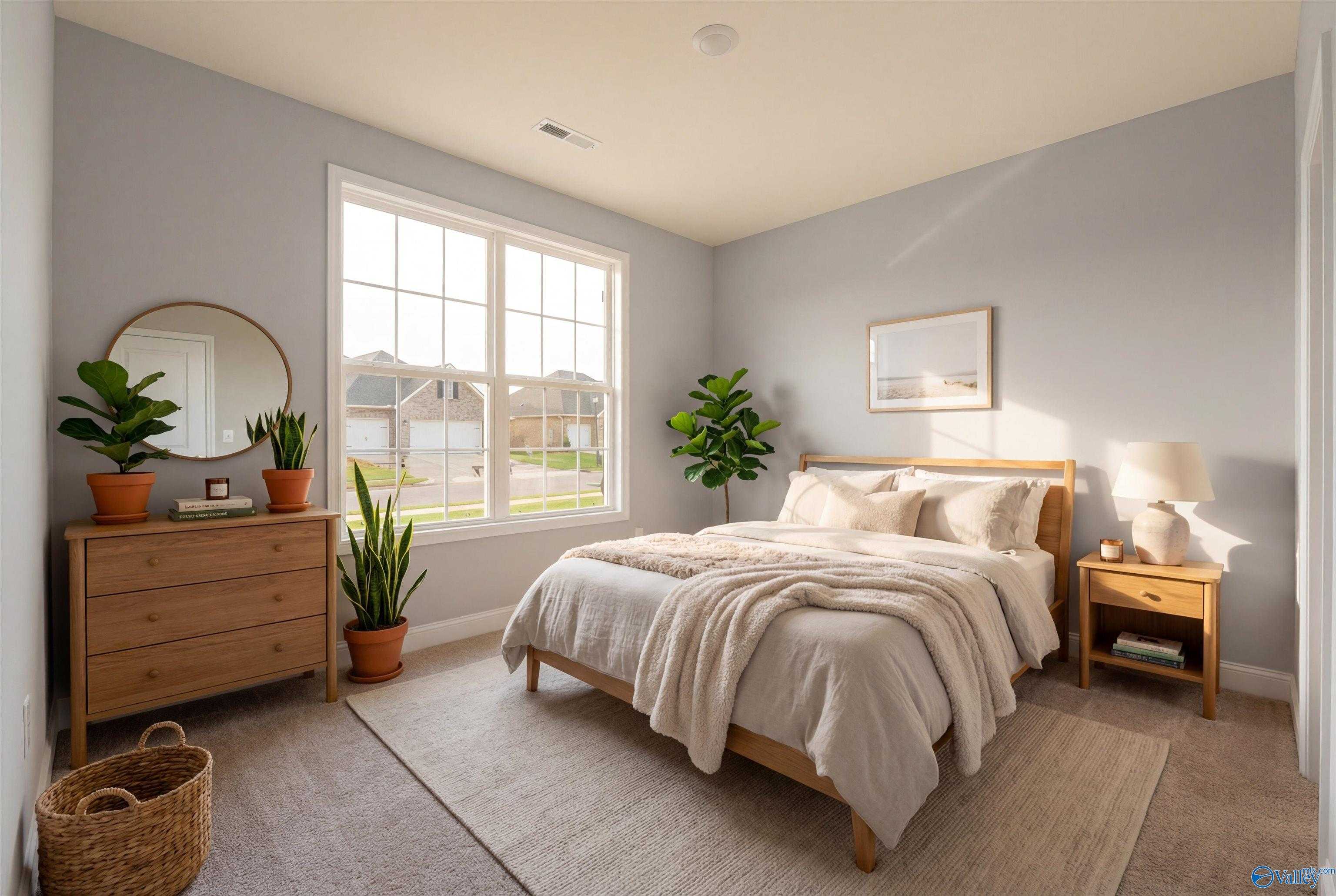 Cozy light gray bedroom with neutral wood bed, potted fiddle leaf figs, snake plant, dresser, mirror, and large window in Davidson Homes The Rockford with Bonus, Toney, Alabama