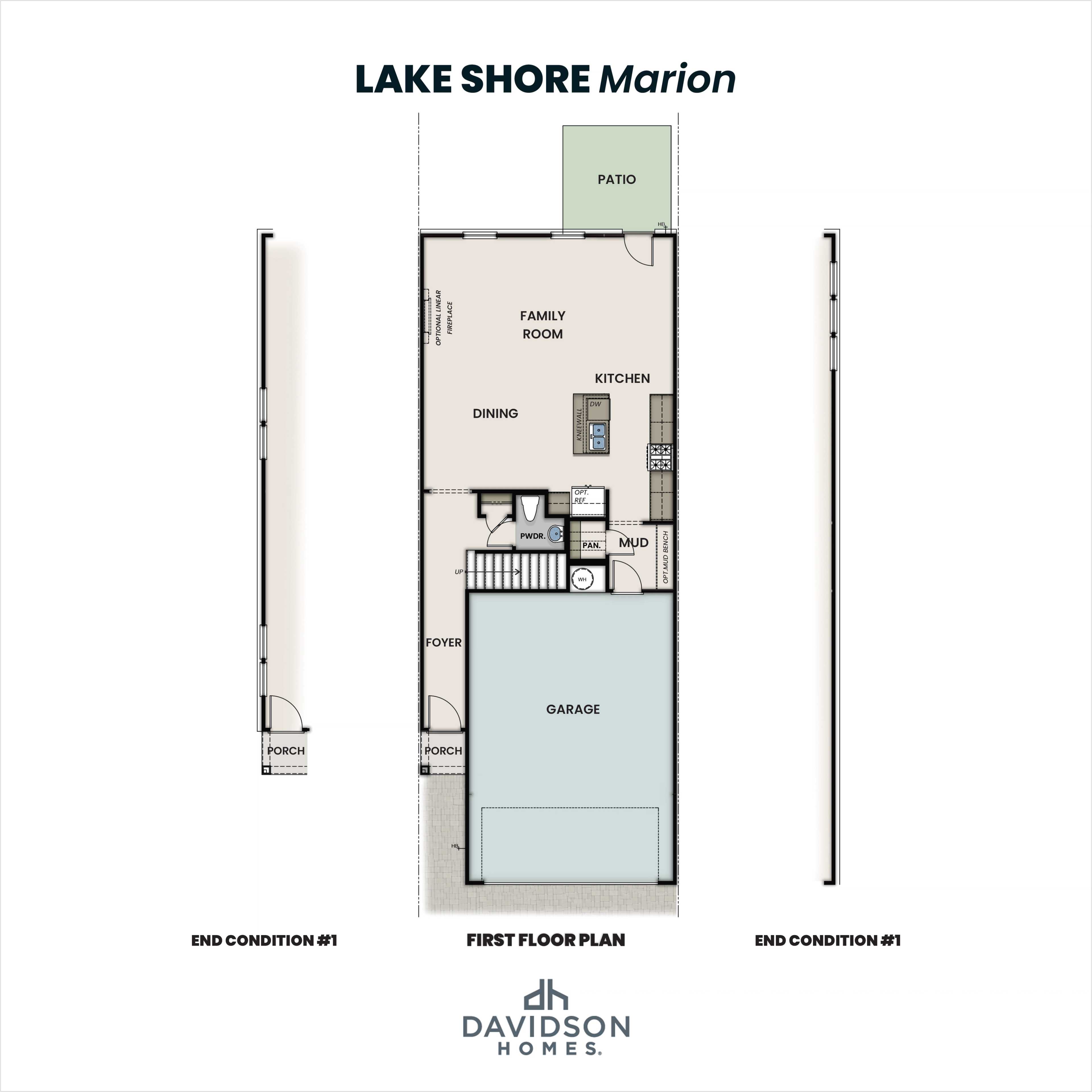First floor plan of Lake Shore Marion by Davidson Homes: open family room, kitchen, dining, 2-car garage, patio in Winder GA