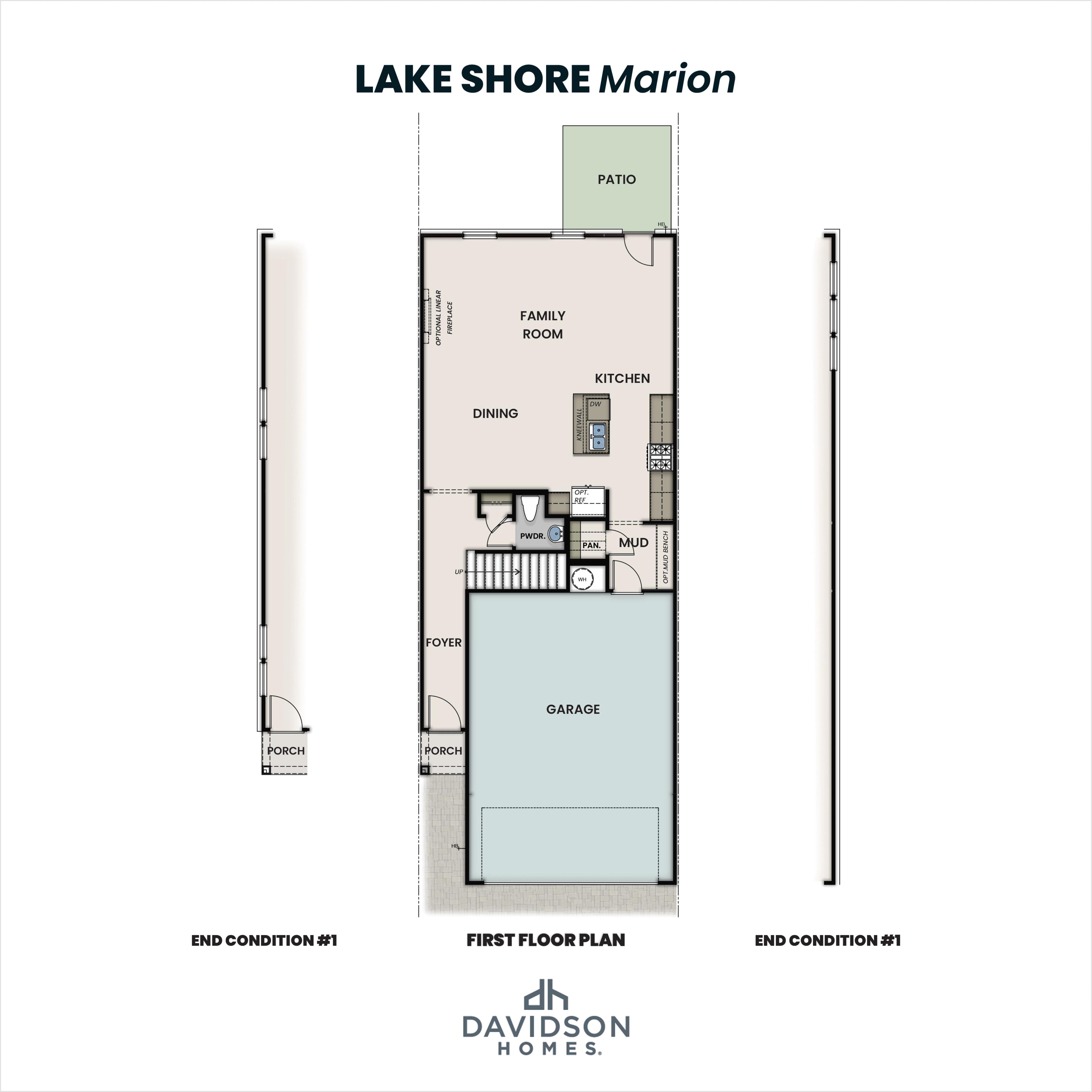 First floor plan of Lake Shore Marion by Davidson Homes: open family room, kitchen, dining, 2-car garage, patio in Winder GA