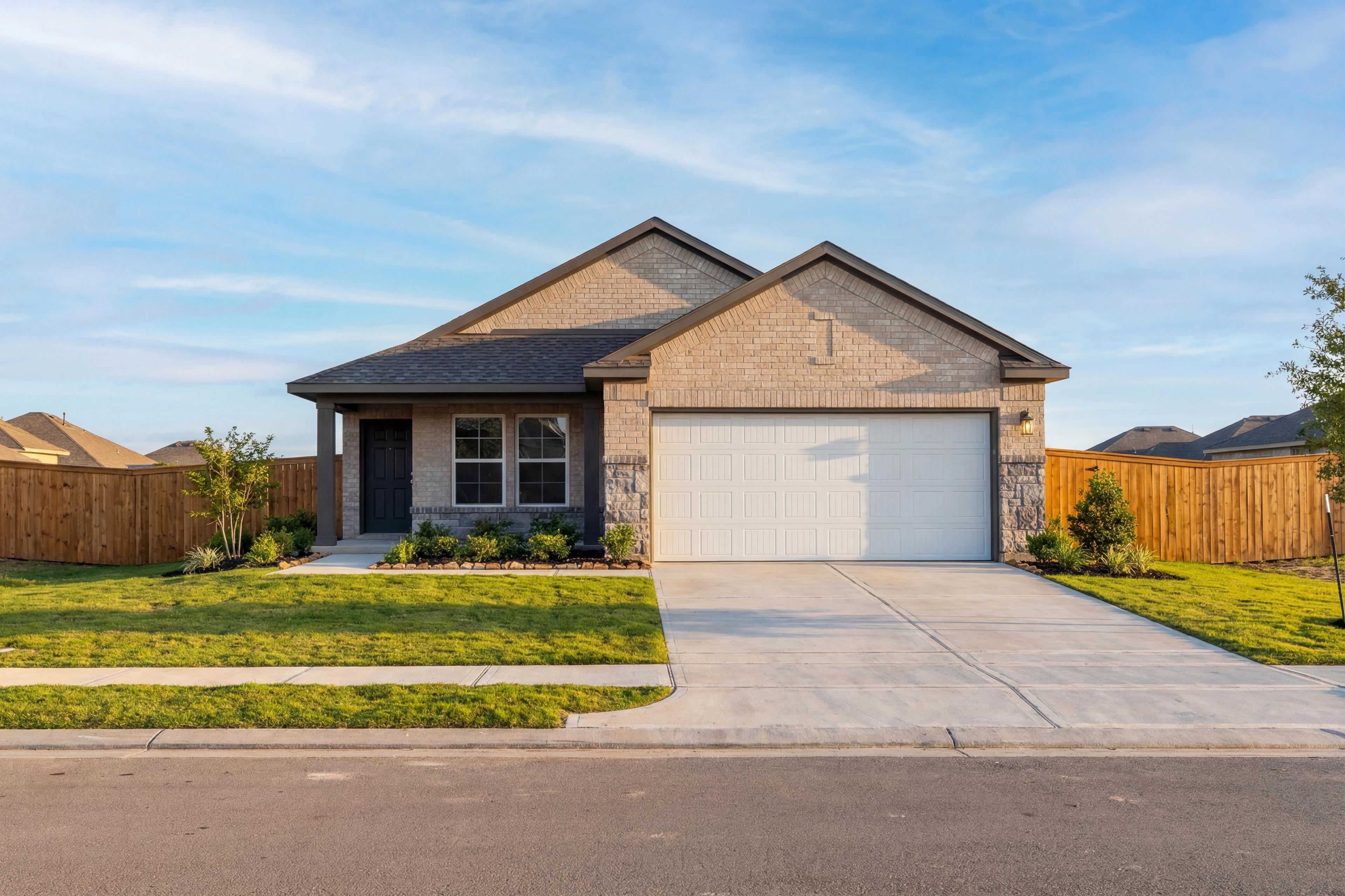 Modern single-story elevation of The Costa C showcasing beige brick and stone exterior, 2-car garage, and landscaped front yard