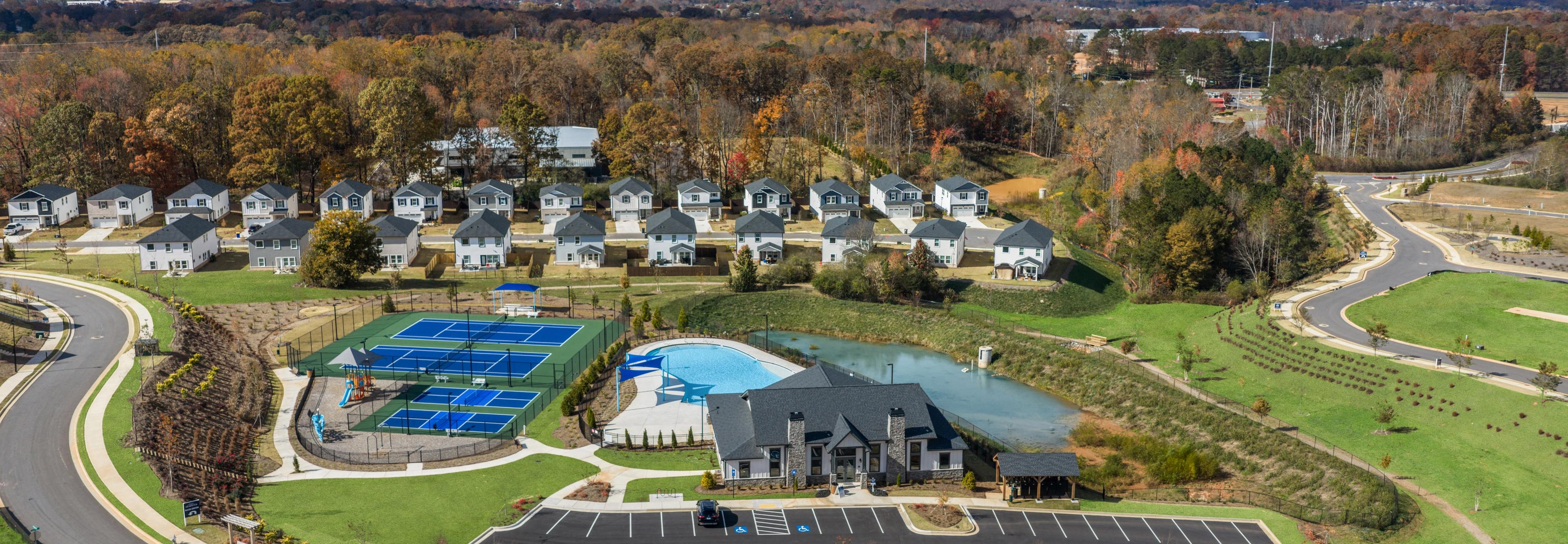 Scenic autumn sunset from rocky overlook at Hemingway in Cumming Georgia with vibrant foliage and rolling valleys