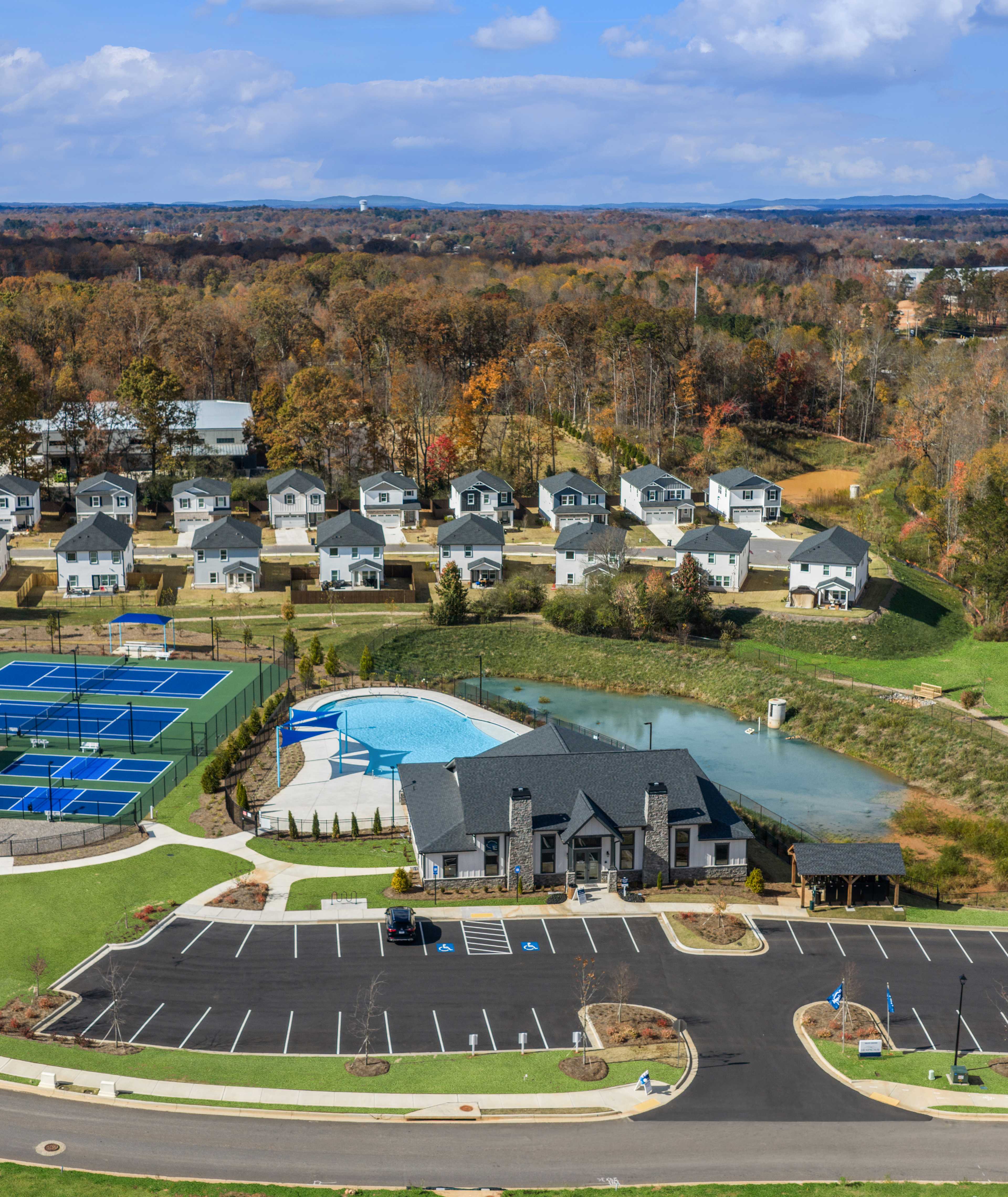 Scenic autumn sunset from rocky overlook at Hemingway in Cumming Georgia with vibrant foliage and rolling valleys