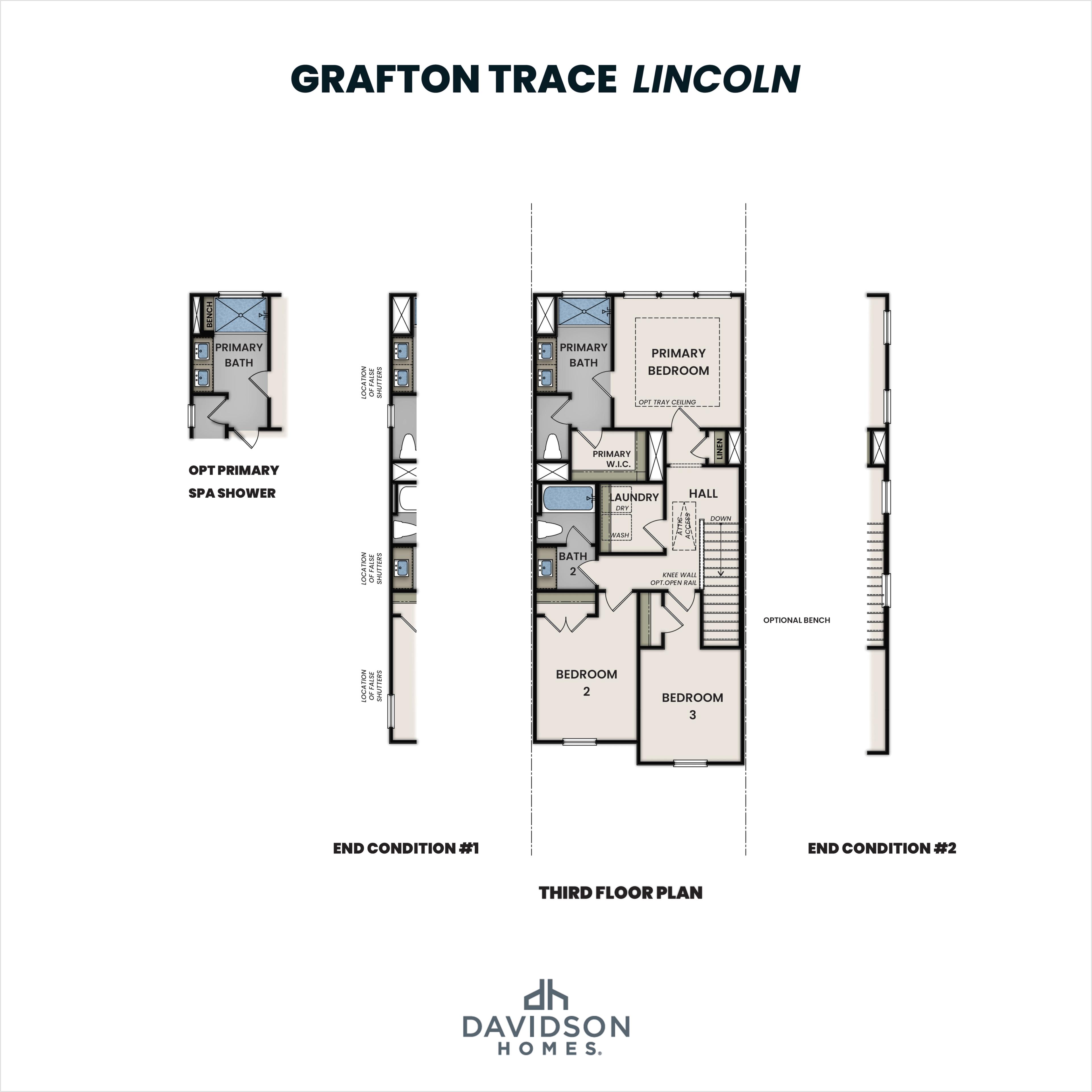 Third floor plan of Grafton Trace Lincoln featuring primary suite, spa shower, and optional bench in Davidson Homes design
