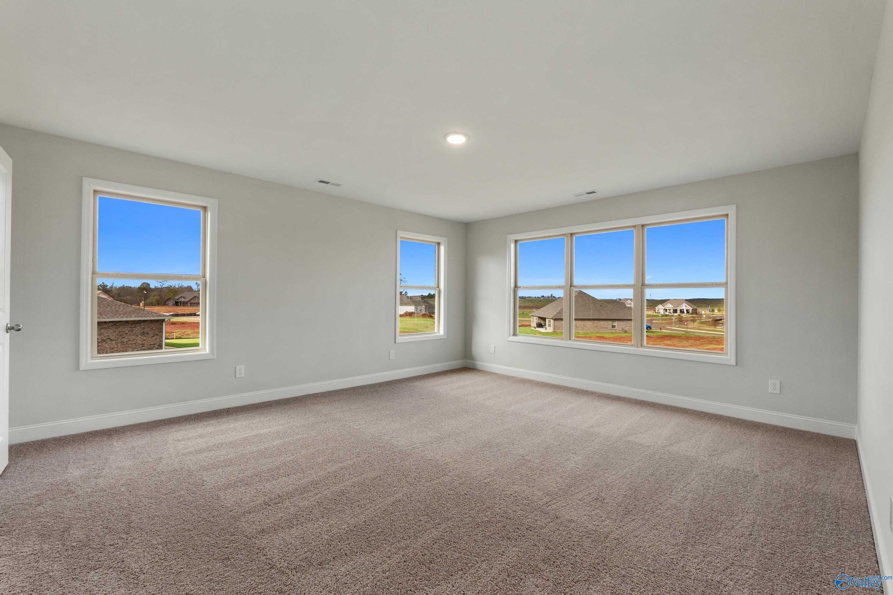 Spacious secondary bedroom with large windows showcasing rural fields view, neutral gray walls and carpet in Davidson Homes Chelsea C, Harvest AL