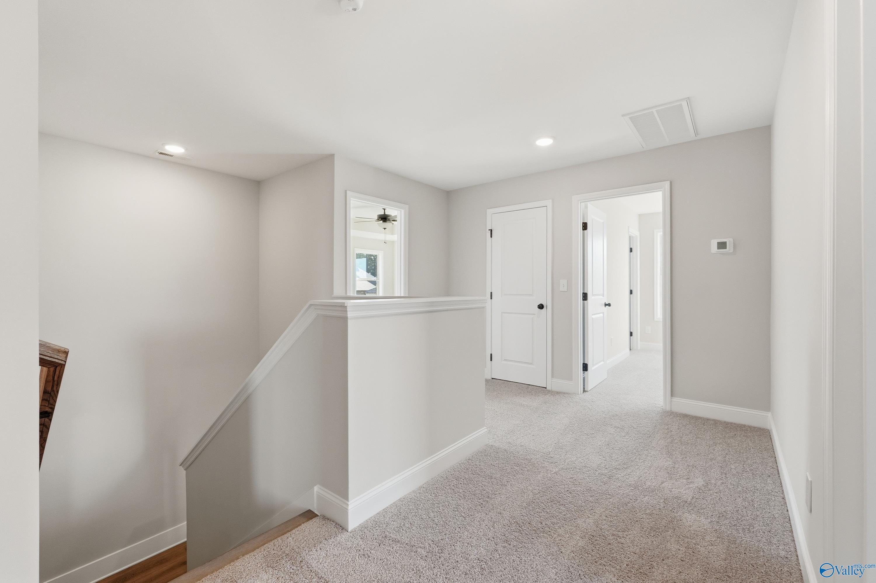 Bright upstairs hallway with carpeted floors, white doors, and modern lighting in Davidson Homes The Chelsea C, Harvest, Alabama