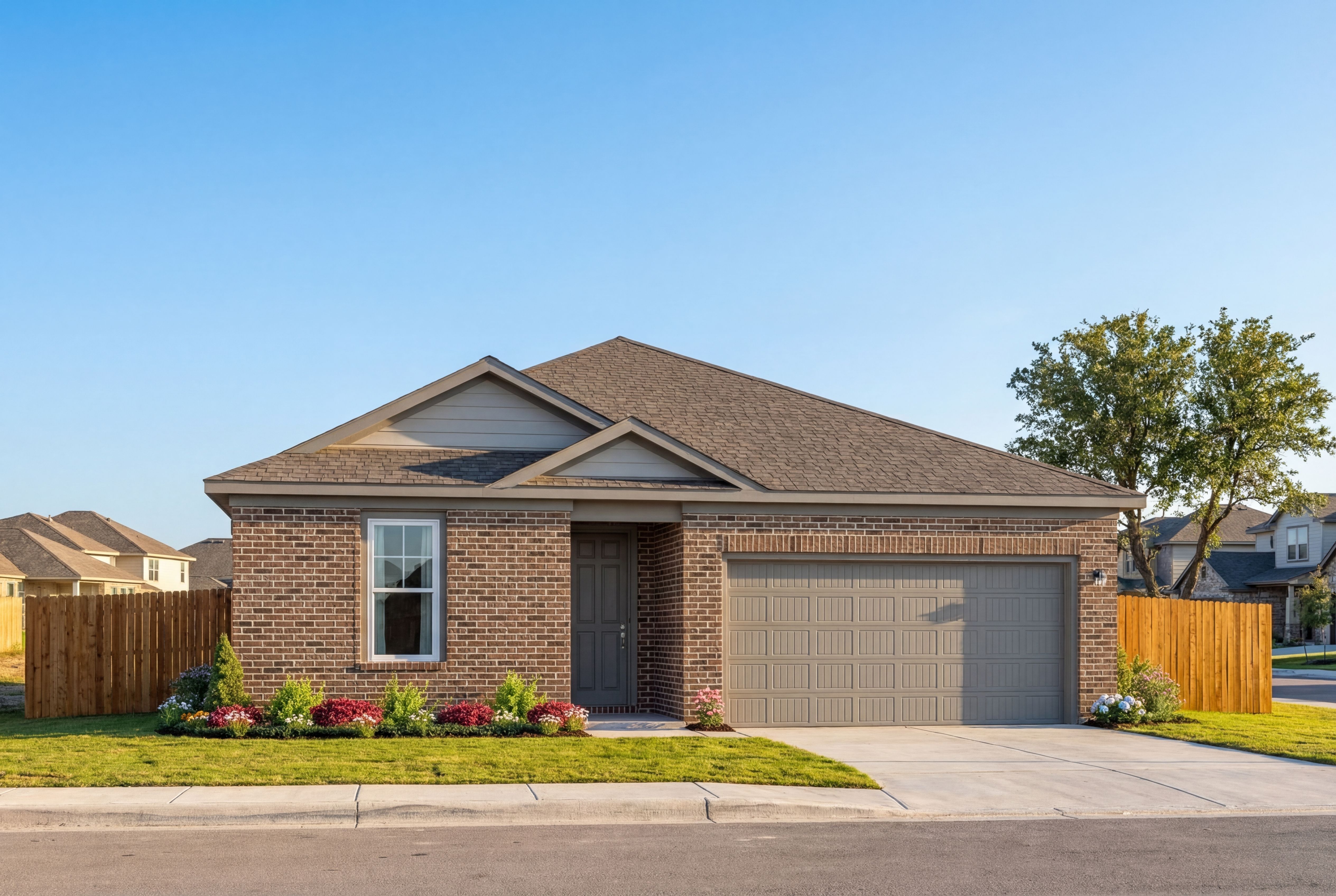 Modern brick facade of The Asheville 3-bedroom single-story home featuring 2-car garage, landscaped yard, and San Antonio curb appeal