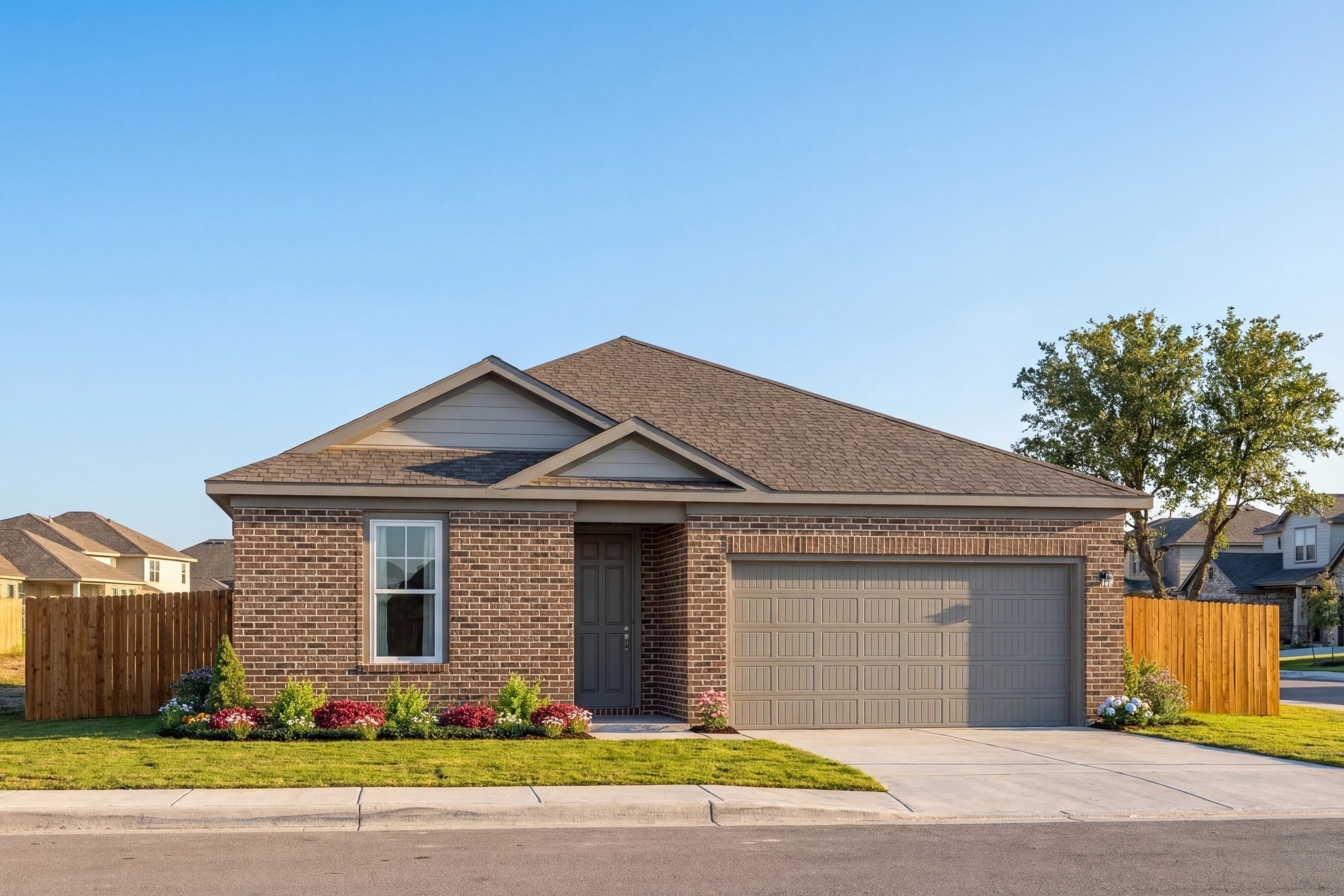 Modern brick facade of The Asheville 3-bedroom single-story home featuring 2-car garage, landscaped yard, and San Antonio curb appeal