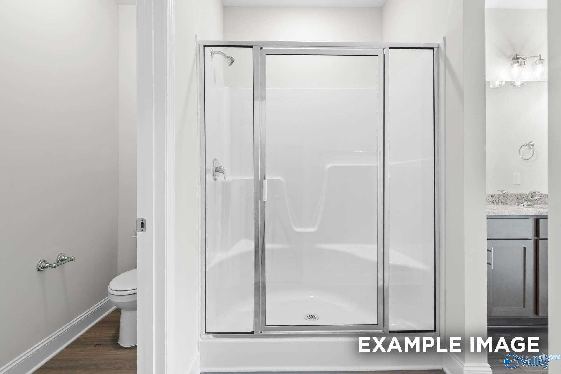 Modern master bathroom with glass shower enclosure, white tub, and granite vanity in Davidson Homes The Daphne D, Arab, Alabama