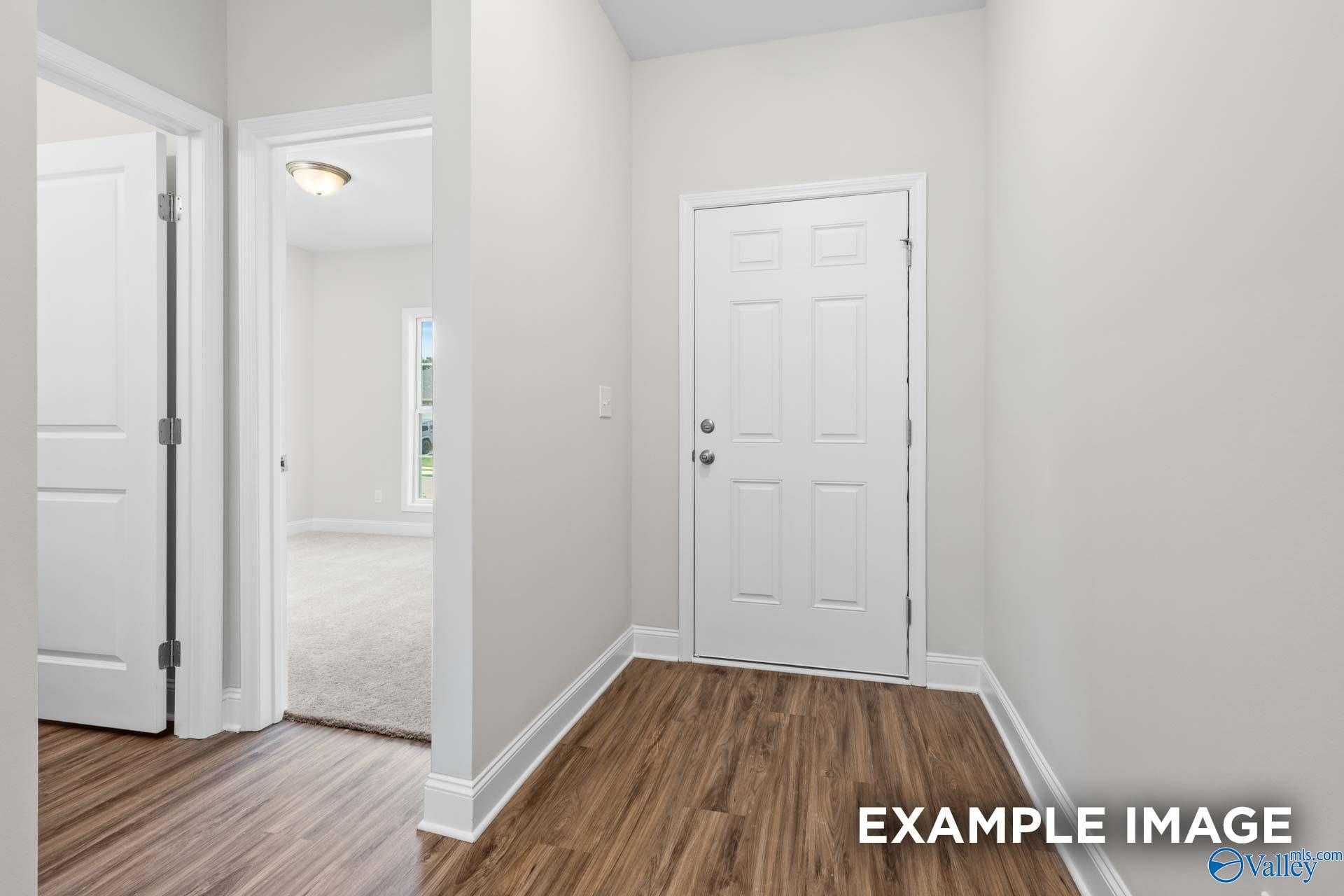 Welcoming entry foyer with hardwood floors, white paneled door, and open hallway in Davidson Homes The Franklin, Meridianville, Alabama