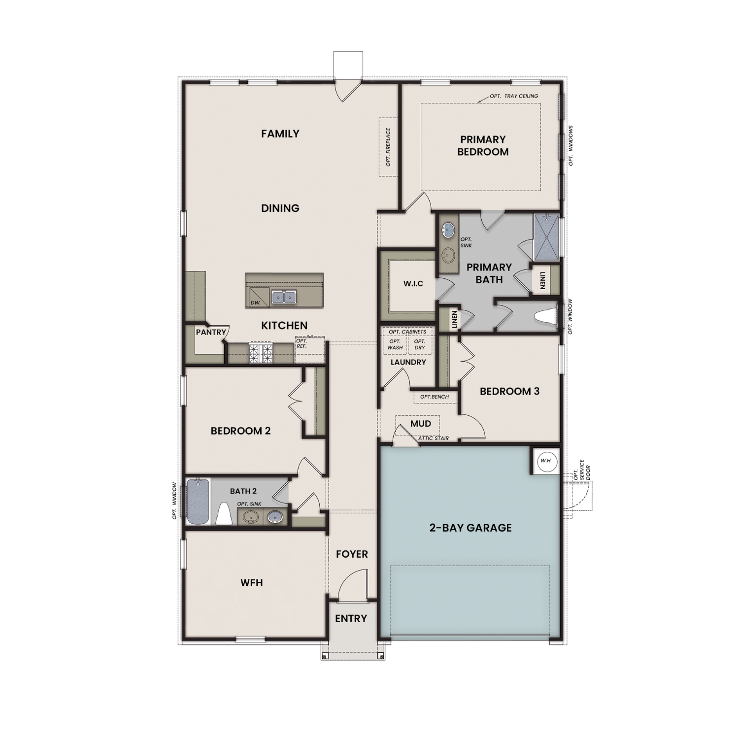 First floor plan of The Cottonwood: 3-4 bed, 2 bath, 1,841 sq ft layout with primary suite, open kitchen, and 2-car garage