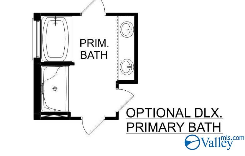 Optional deluxe primary bathroom floor plan with dual vanity, soaking tub, and separate shower in Davidson Homes Chelsea D.