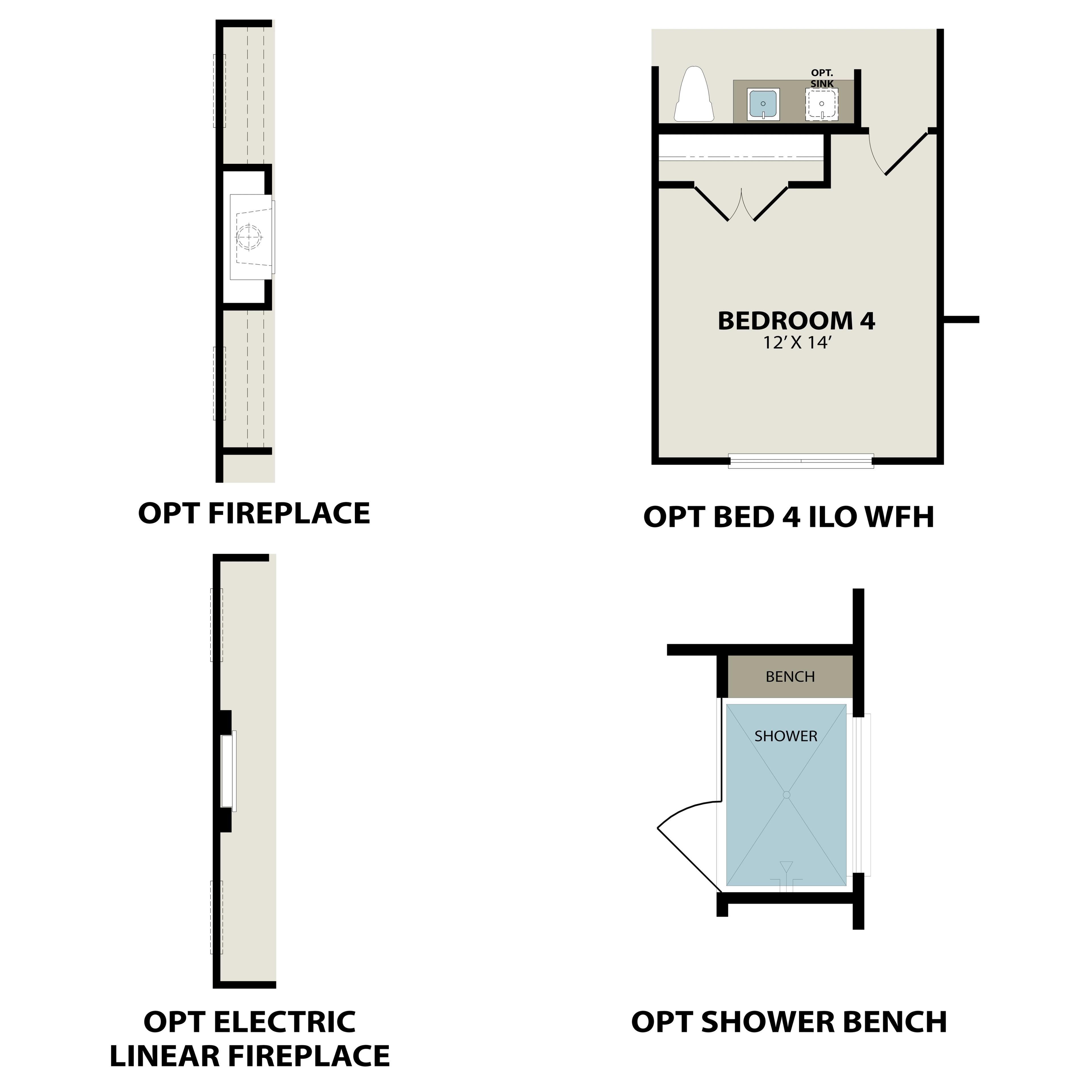 Optional Bedroom 4 floor plan in The Everett E by Davidson Homes, featuring 12x14 layout, linear electric fireplace, and shower bench with WFH setup