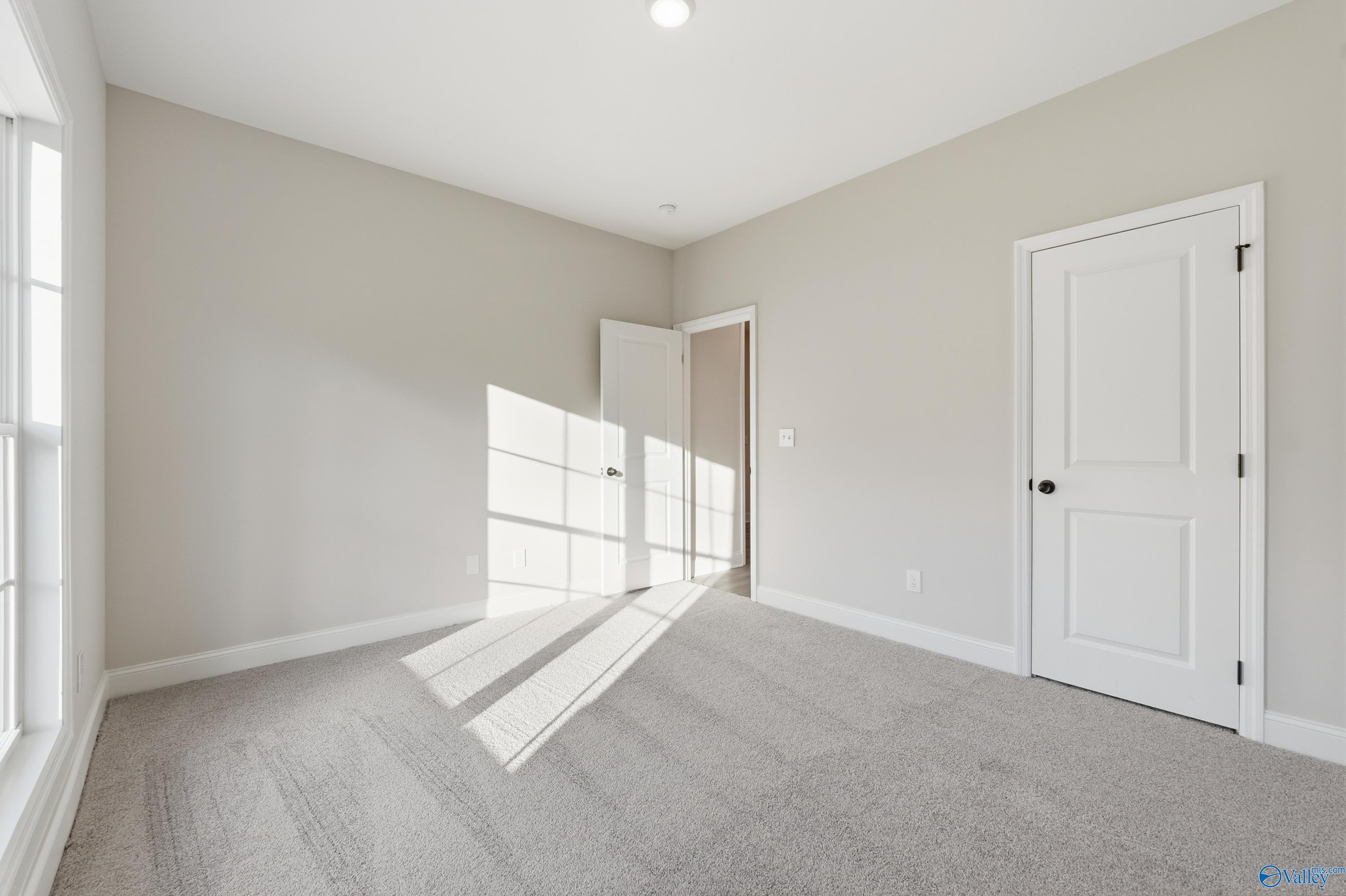 Bright sunlit bedroom with beige walls, gray carpet, large window, and white doors in Davidson Homes The Daphne D, Arab, AL