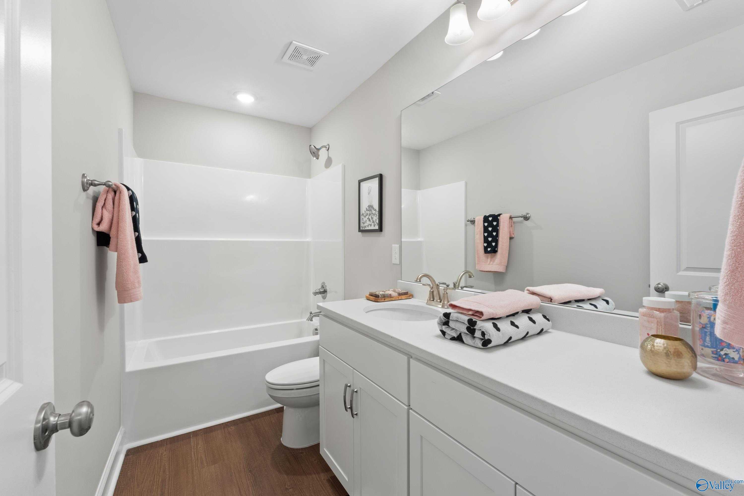 Modern guest bathroom with white subway tile shower, soaking tub, and vanity in Evermore Homes The Haven, Owens Cross Roads, Alabama