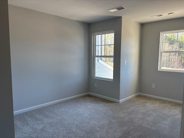 Empty secondary bedroom featuring gray walls, beige carpet, and large windows with tree views in Davidson Homes Cary A, Winder, GA