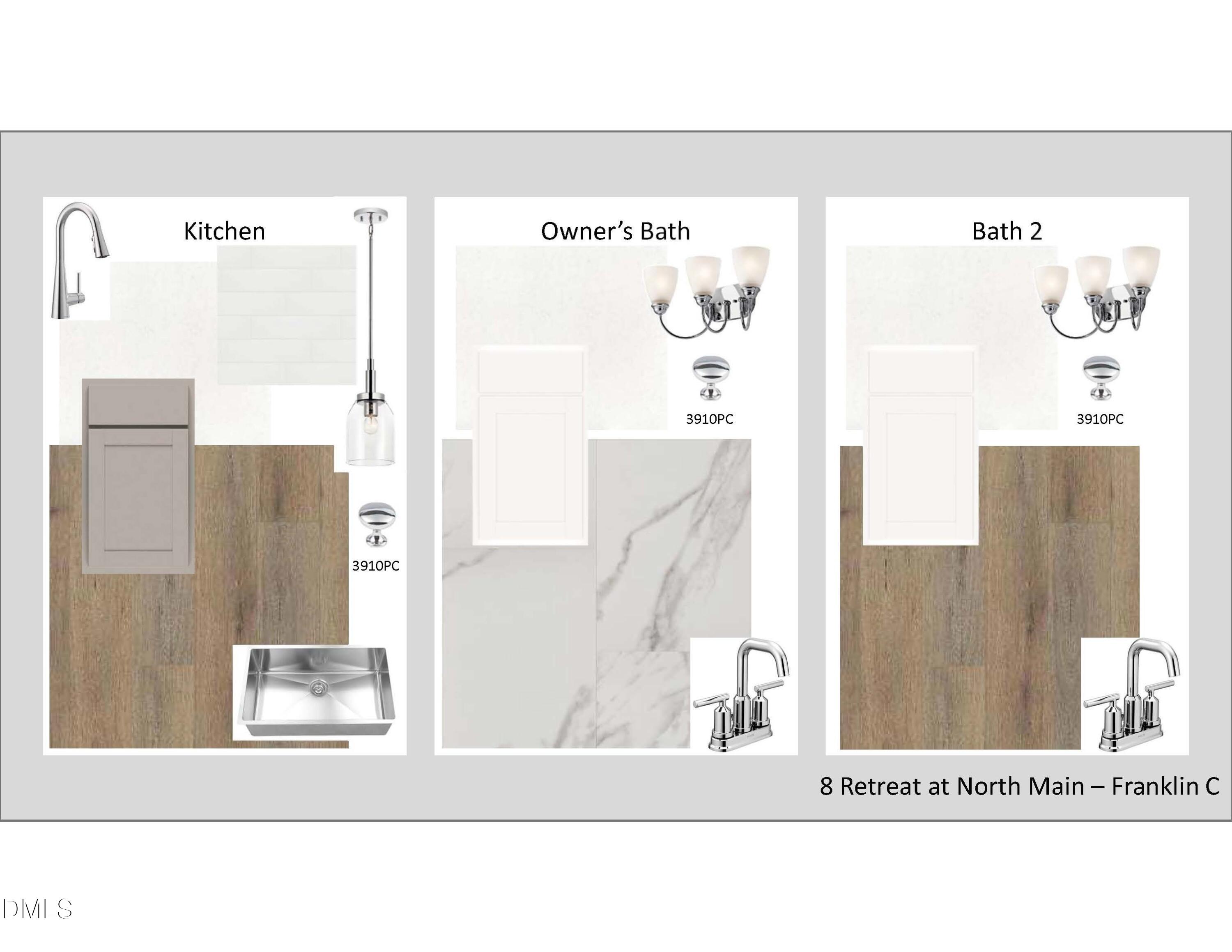 Interior design finish samples for kitchen, owner's bath, and bath 2 in The Franklin C home at Retreat at North Main.