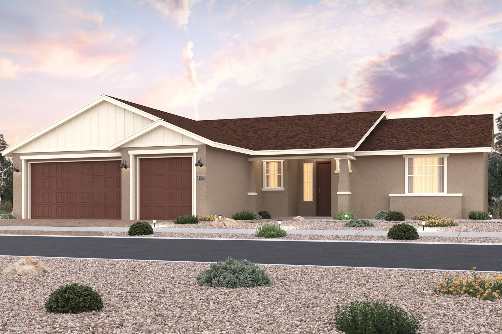 Single-story Daybreak home elevation by Davidson Homes in Prescott Arizona featuring 3-car garage, beige siding, gabled roof, and desert landscaping at sunset