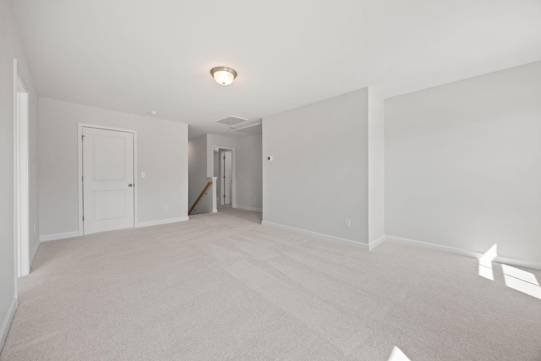 Spacious carpeted loft area in The Ashport B floor plan featuring neutral paint and views of the upper-level hallway.