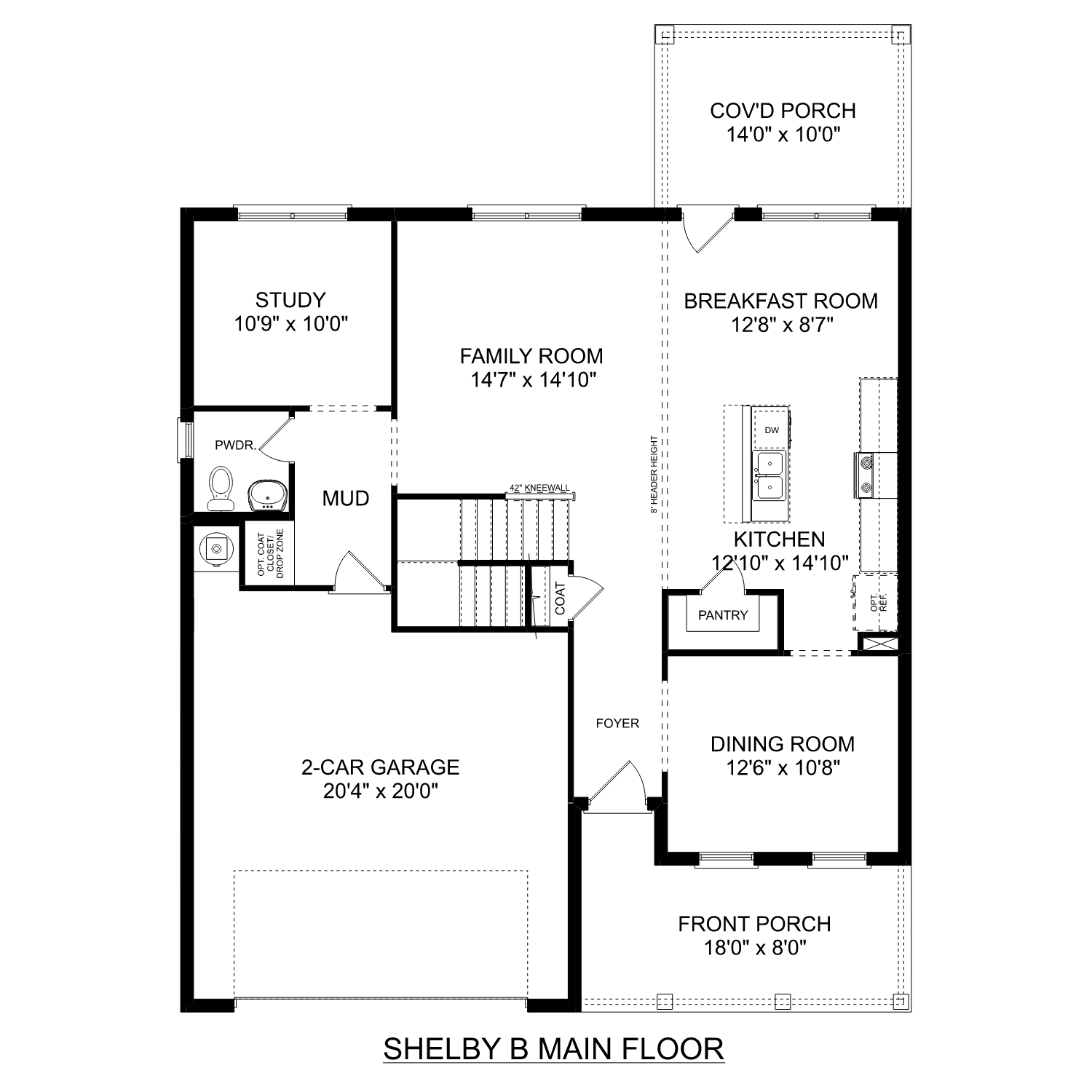 First floor plan of The Shelby B showcasing open family room, gourmet kitchen, breakfast area, and 2-car garage