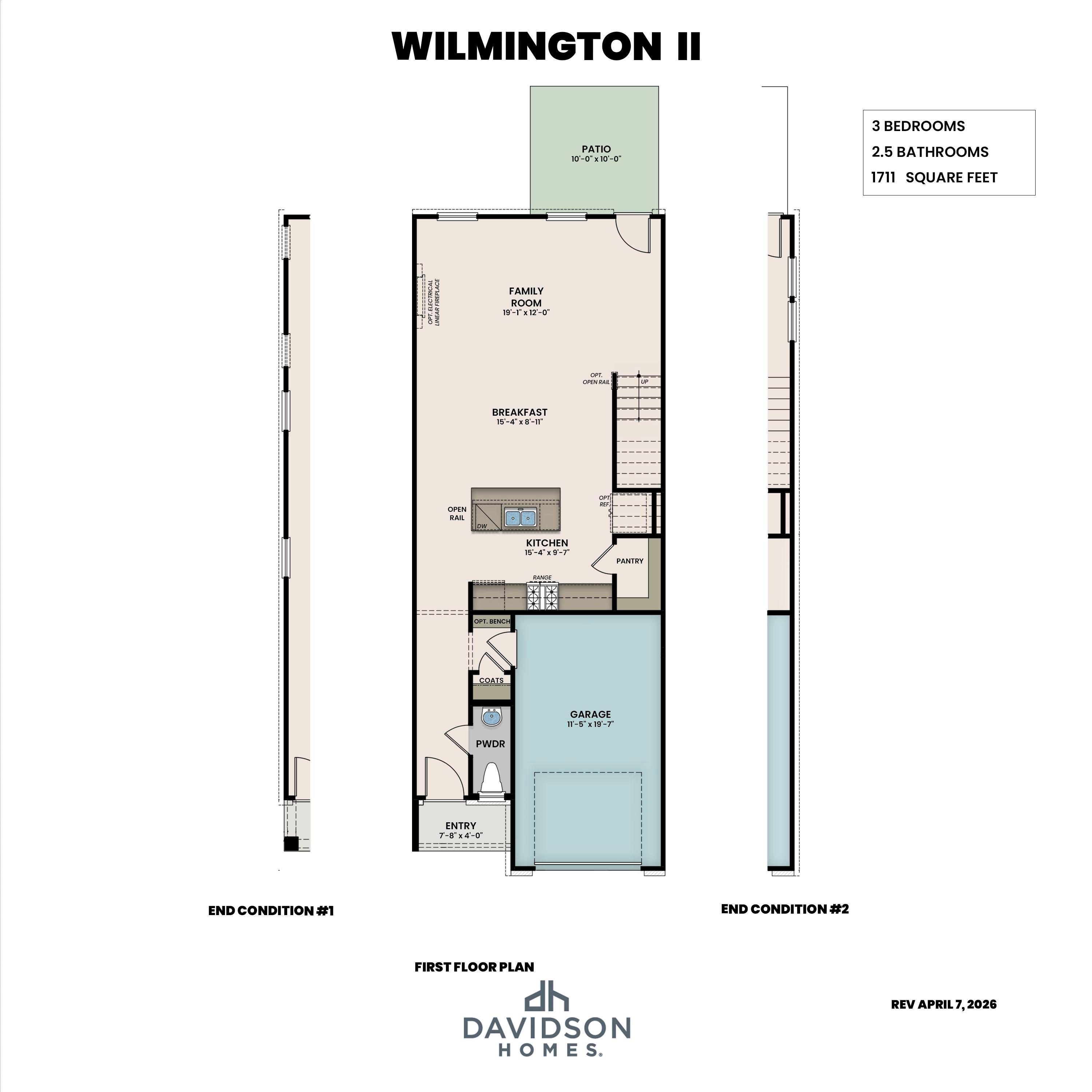 First floor floor plan for the Wilmington II featuring an open-concept kitchen, family room, and one-car garage.