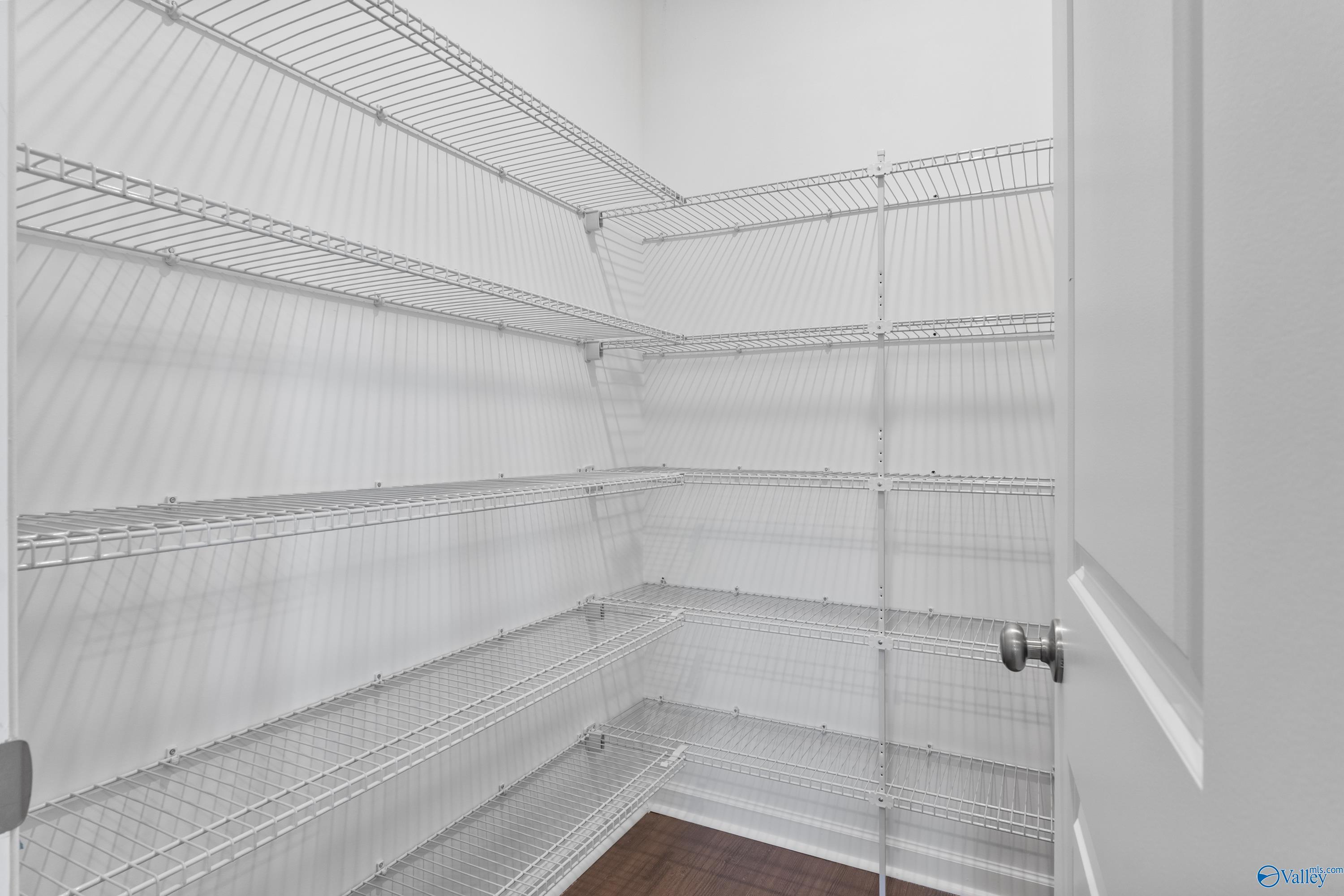 Spacious walk-in pantry with white wire shelving in Davidson Homes The Sanctuary, Riverton Preserve, Huntsville, Alabama