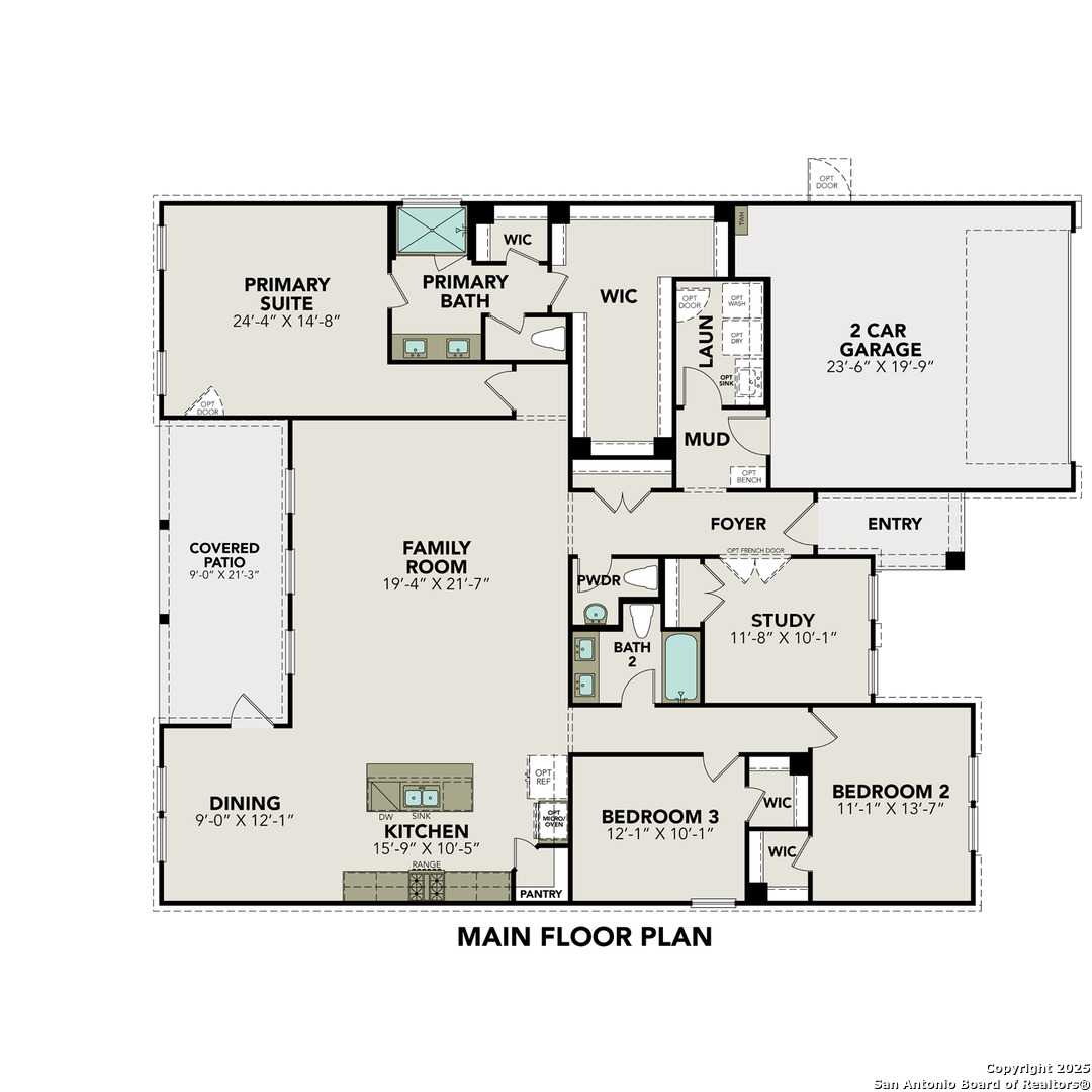 The Rockford G floor plan: 3-bedroom, 2.5-bath, 2,188 sq ft layout with open kitchen, family room, study, and 2-car garage in Ladera, San Antonio