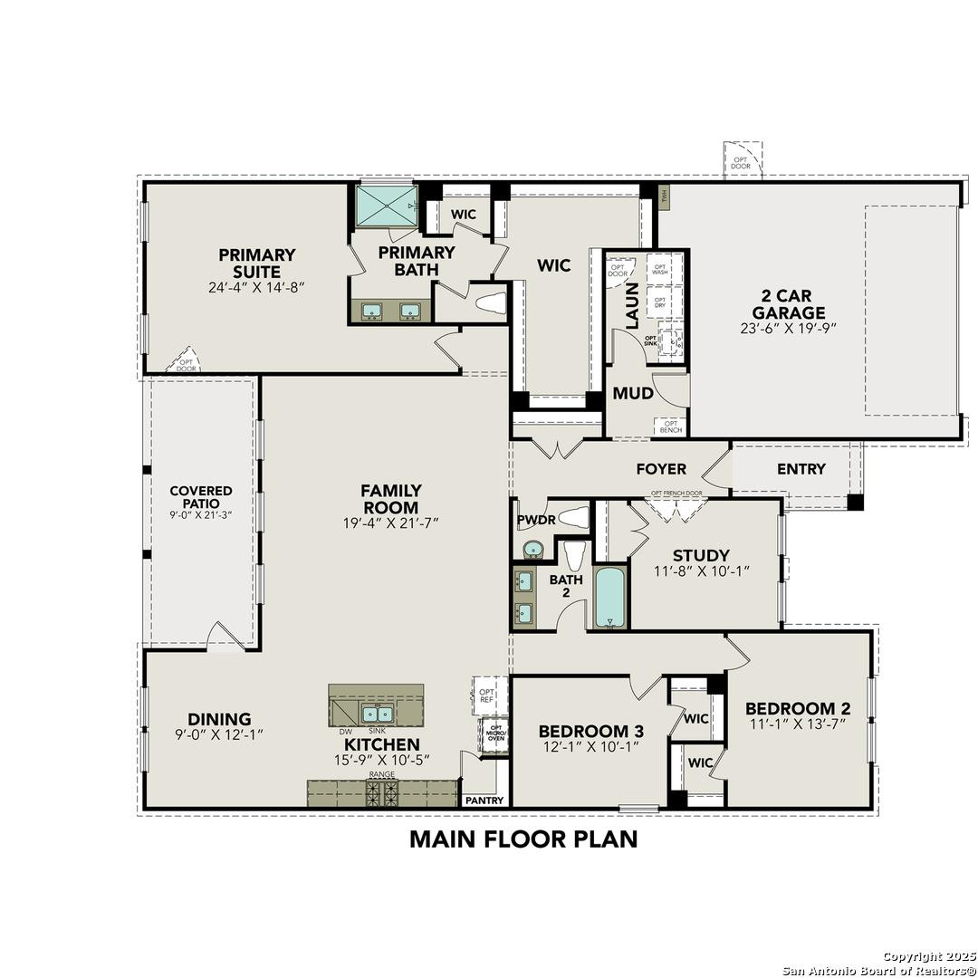 The Rockford G floor plan: 3-bedroom, 2.5-bath, 2,188 sq ft layout with open kitchen, family room, study, and 2-car garage in Ladera, San Antonio