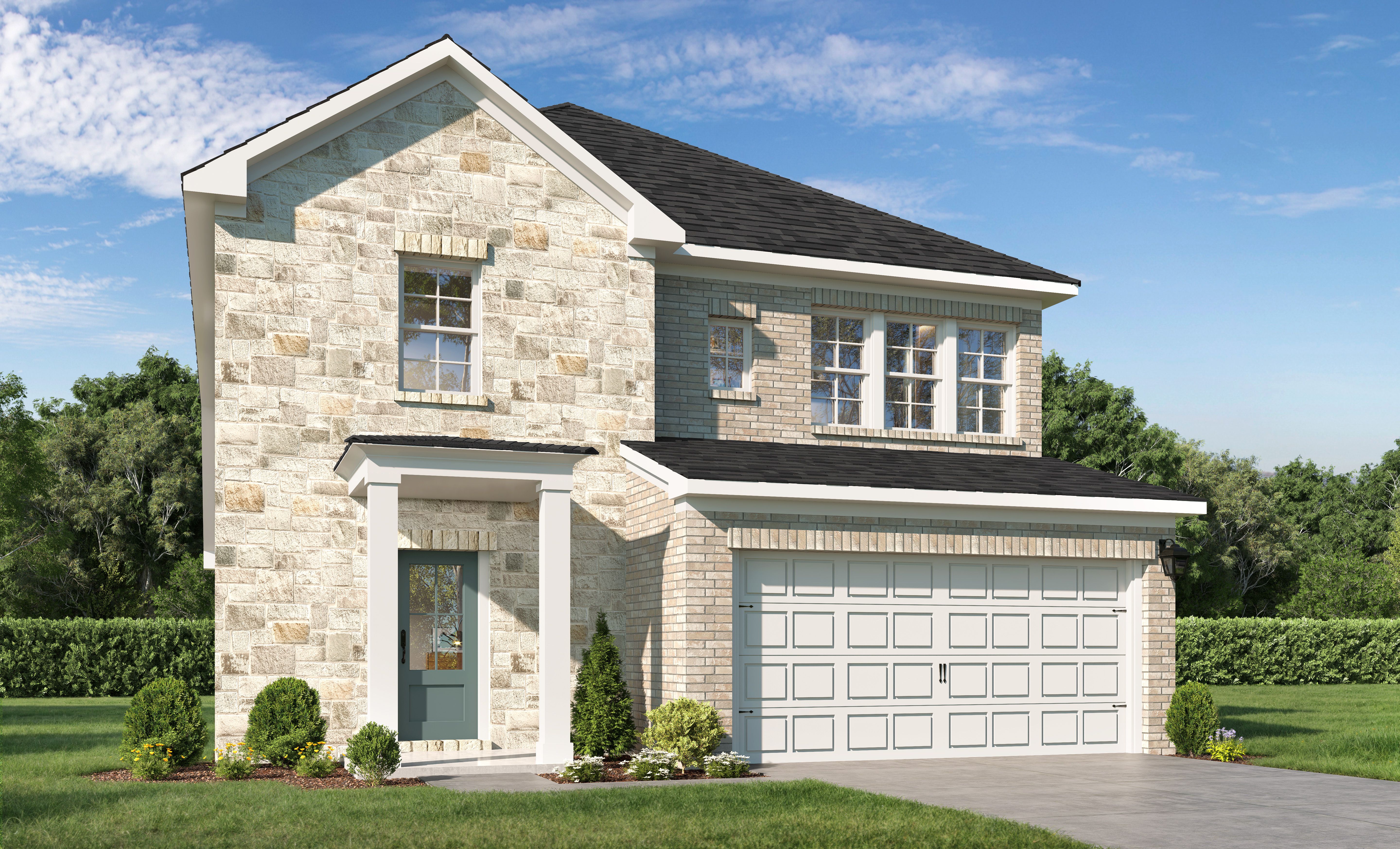 Modern two-story Lakeshore E home elevation with stone and brick facade, 2-car garage, covered porch, and lush landscaping