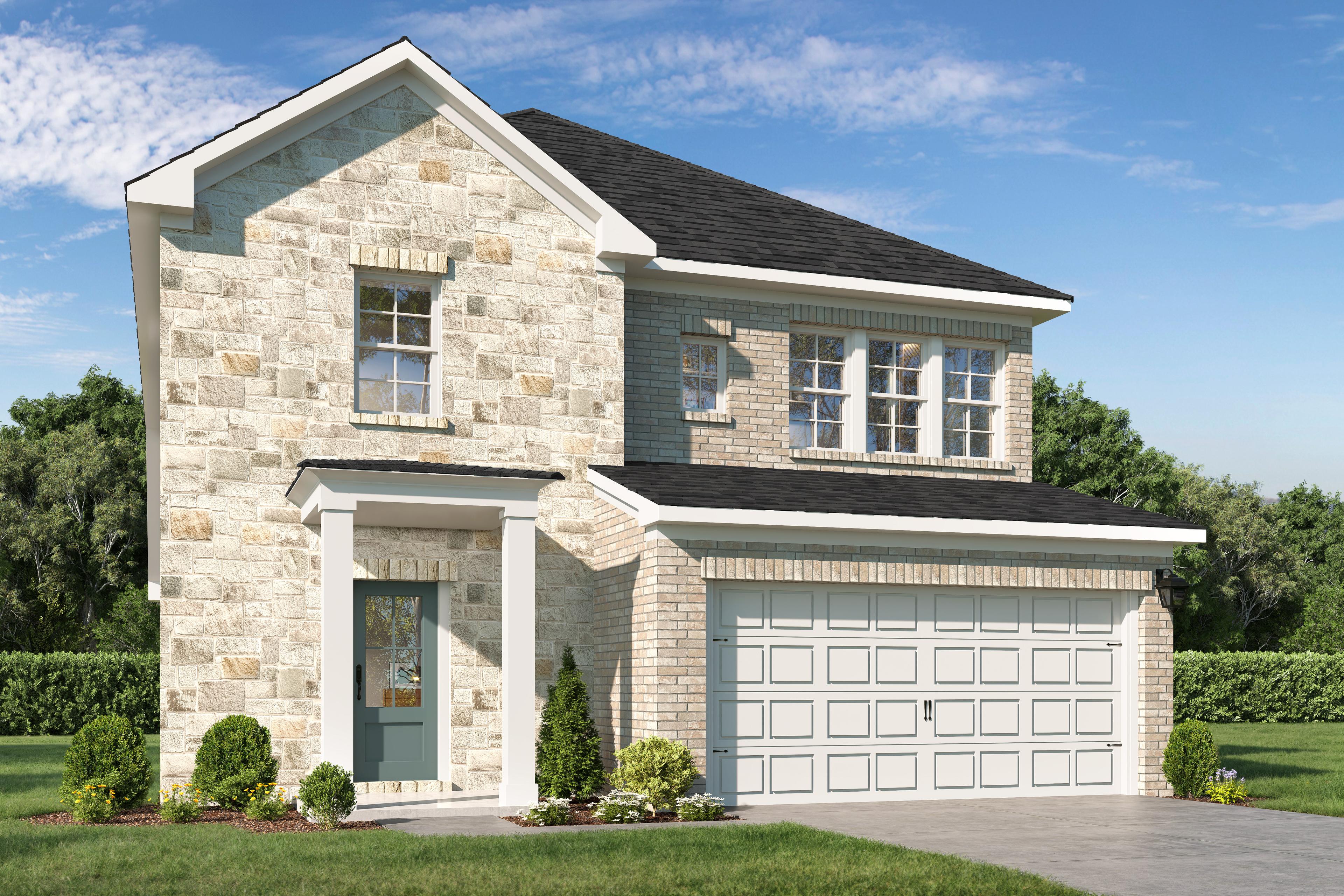 Modern two-story Lakeshore E home elevation with stone and brick facade, 2-car garage, covered porch, and lush landscaping