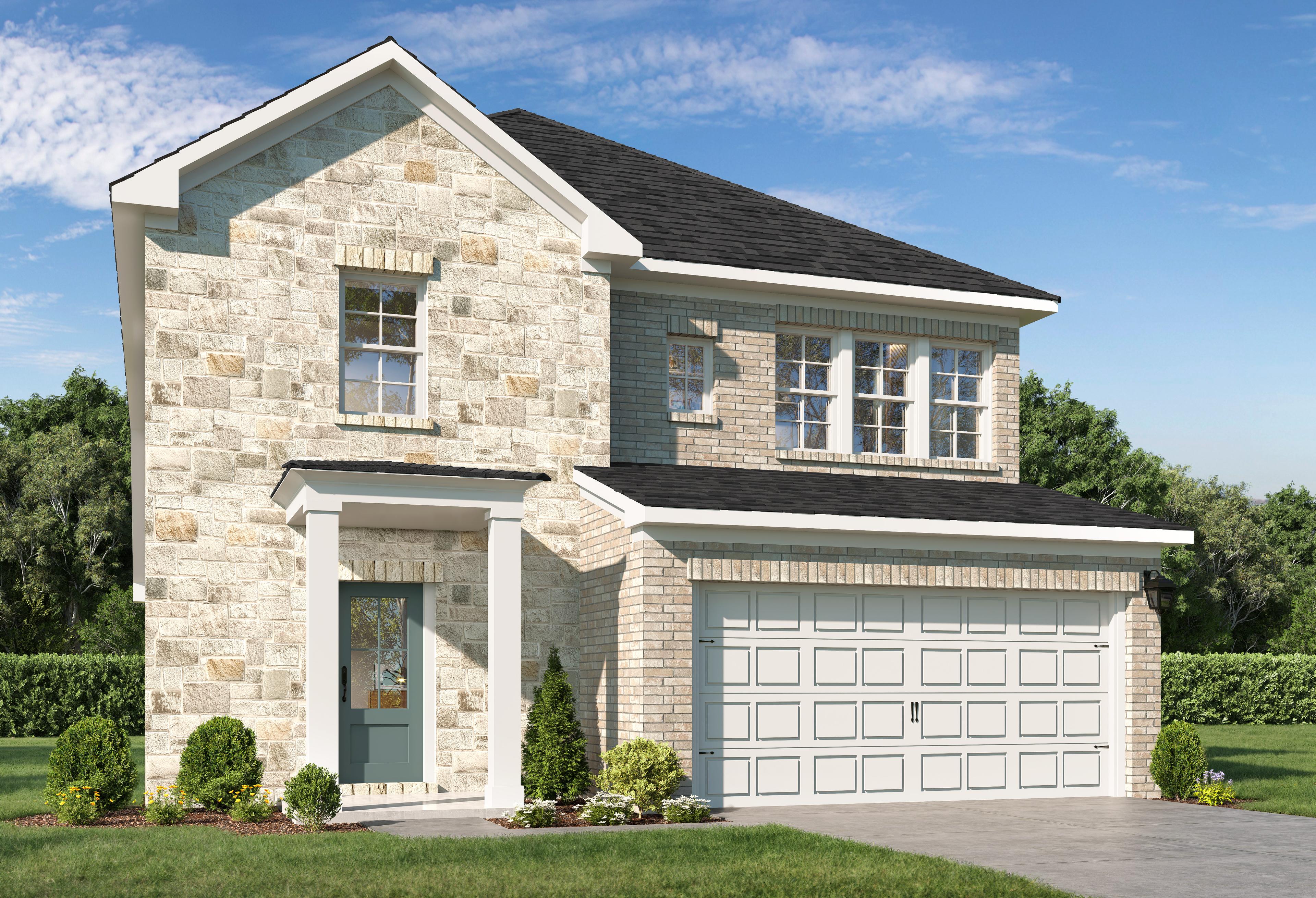 Modern two-story Lakeshore E home elevation with stone and brick facade, 2-car garage, covered porch, and lush landscaping