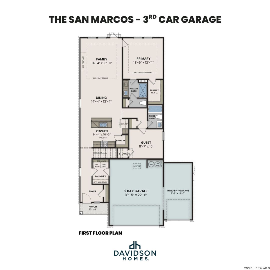 First floor plan of The San Marcos 3-car garage home by Davidson Homes, featuring family room, kitchen, primary suite in San Antonio, Texas